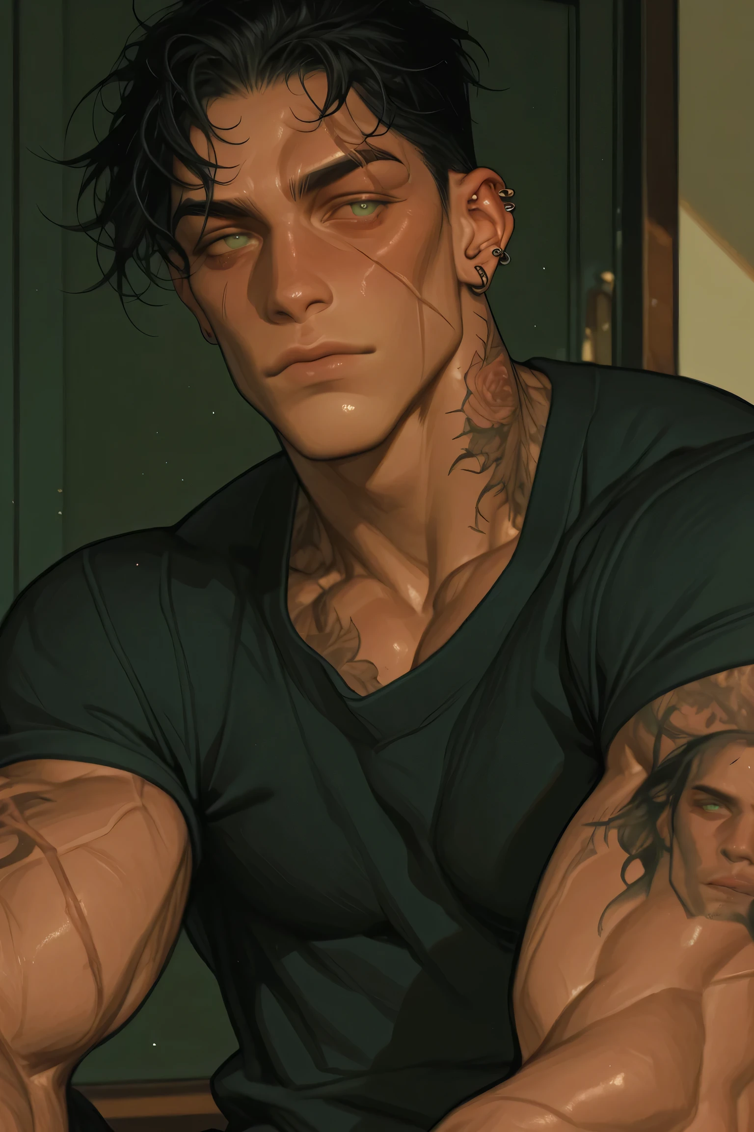 Man with green eyes, scar on left eyebrow, a cross scar on left cheek, black hair, handsome, athletic build, tattoos on arms and pecs, serial killer, ear piercings, clear eyes, 4k quality, highly defined, clear photo, high res
