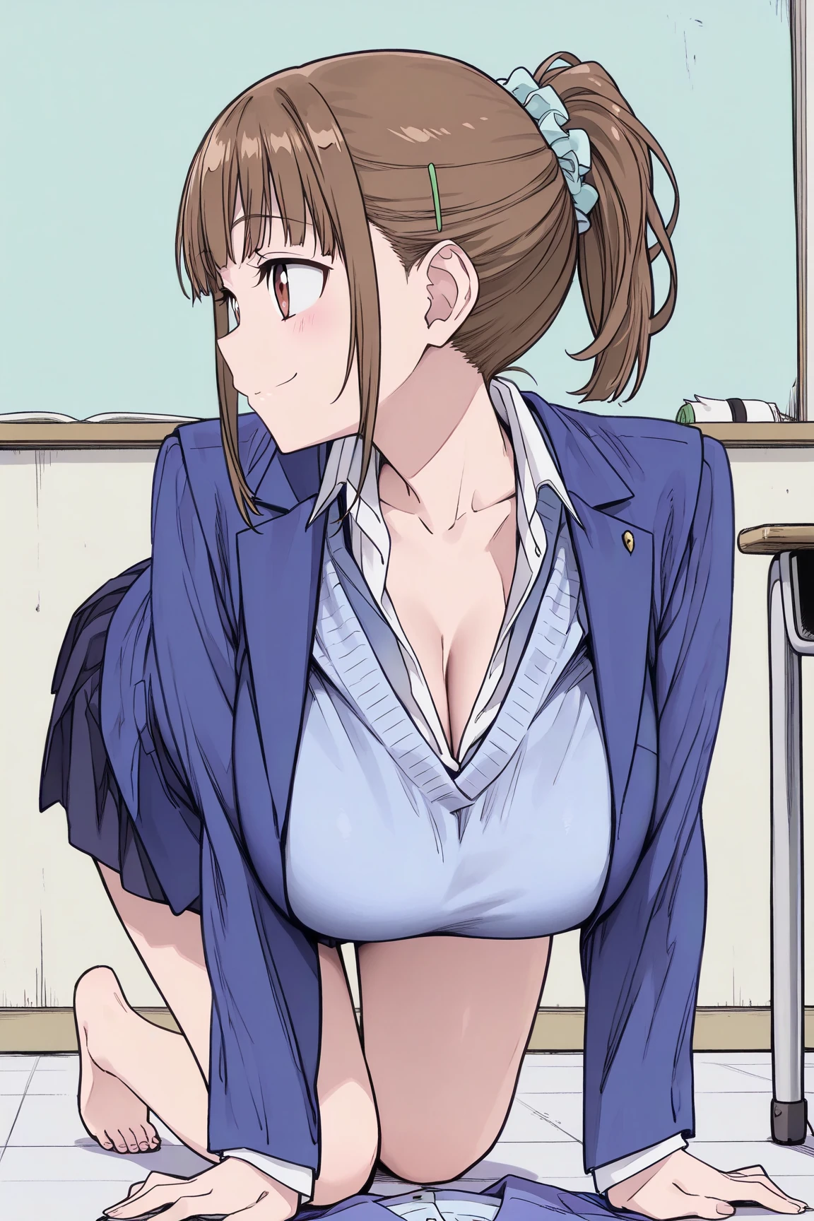A skinny naked with very small breasts comes to school and shows off to a bunch of guys.,female students are crying
