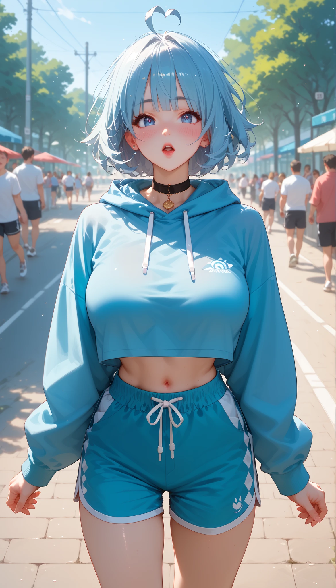 A girl with a nice body and nice breasts jogs through a misty park, wearing a sleek long-sleeve running top and shorts. Her perfect face slightly flushed, perfect eyes focused, as cool air breezes past.