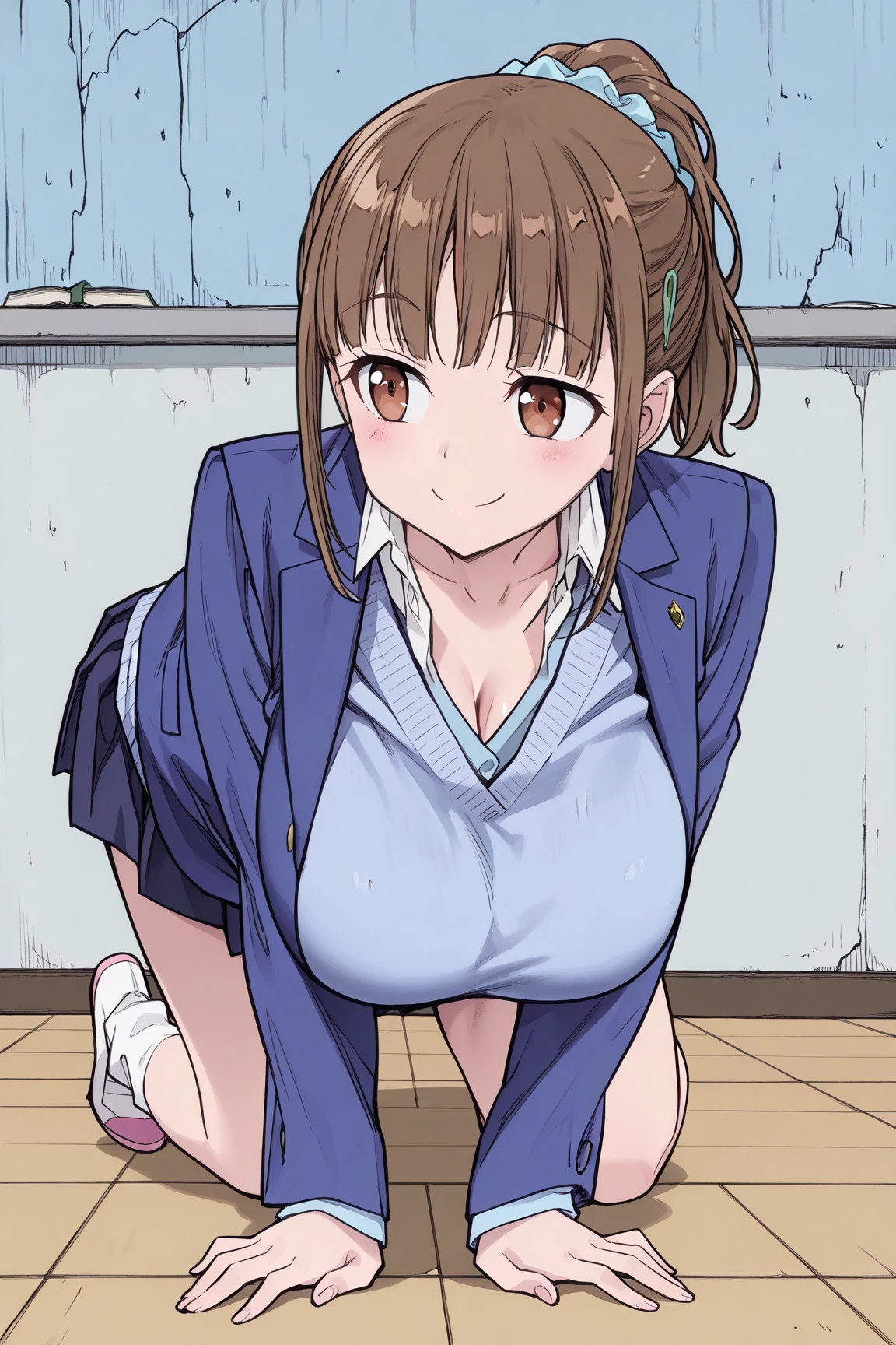 pov, upper view, too slender, sexy, big boob, lick penis, small face, brown short hair, paizuri, blue uniform, furious, blush, no extra arms and hands