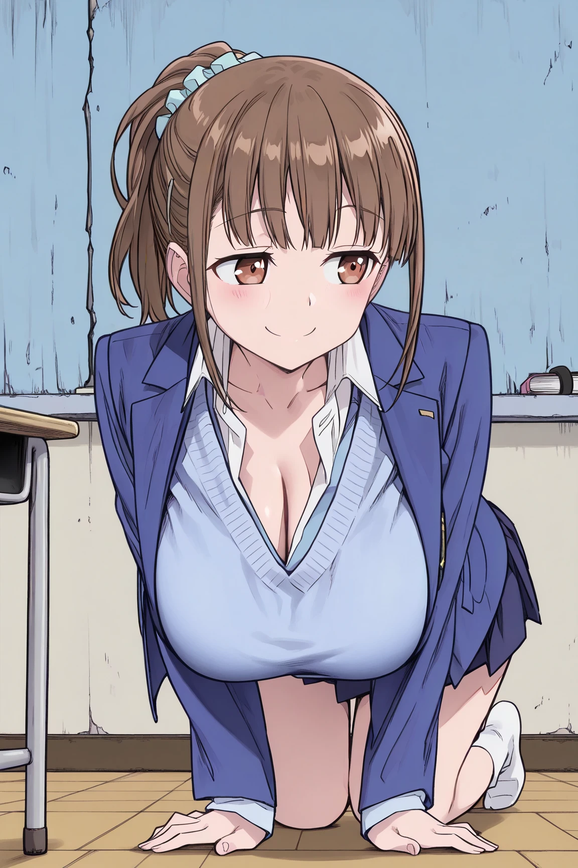 Highest quality, masterpiece, High resolution, 1 Girl, Chabashira Sae, (Adult female 30 years old:1.5), (Upper Body), Long Hair, (black髪:1.5), hair ornaments, (Brown eyes:1.5), ponytail, (Hair Clip), clavicle, (black_Jacket:1.5), (White shirt:1.5), (Fine and beautiful eyes:1.6), Highly detailed face, Perfect lighting, Highly detailed CG, (Perfect hands, Perfect Anatomy), (blush), big, classroom, (Press the breast from below:1.5), (Open chest:1.5), (big胸:1.5), (Chest close-up looking up:1.5)