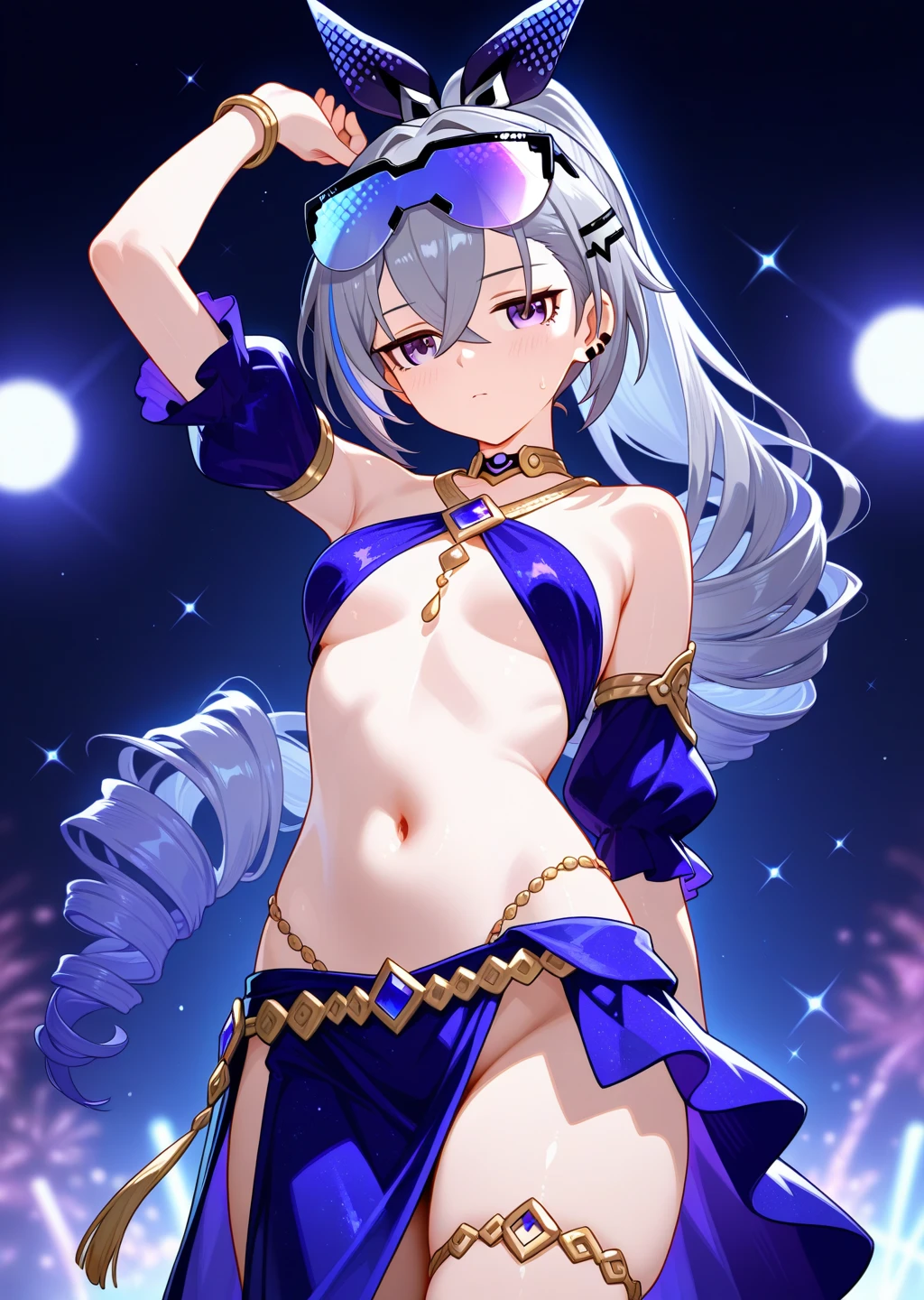 high quality, ultra detailed, best quality, insanely detailed, beautiful, masterpiece, 1girl, stage, spot light, red eyes, long hair, light purple hair, belly dancer, bare legs, bashful smile, dancing, large breasts, cleavage, soft stomach
