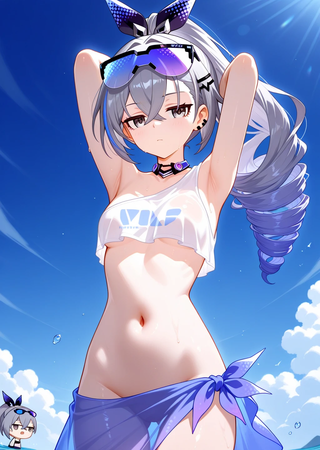 first place girl,halo，sense of technology,water blue eyes，white hair，coat，background，Chest patch，open clothes，blush，swimsuit，Navel exposed装，blush，belly button，Navel exposed，sense of technology，Poker face,prominent figures,artwork,clear