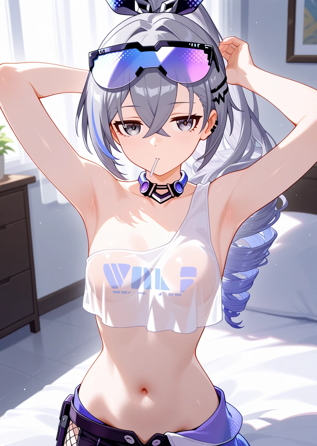 ((masterpiece)),((best quality)),(ultra-detailed),(an extremely delicate and beautiful),detailed background,((((1woman,tall stature)))and(((1shota boy,short stature)))),((((hetero)))),(height difference),(((boxing ring))), (1woman),((((silver wolf/(Honkai:star rail/)))),(curvy:1.4),(large breasts), pale skin,shiny skin, long hair,ponytail ,drill hair,hair between eyes, eyewear on head, navel, midriff,((She wears jacket, black jacket, sunglasses, gloves, black gloves, fingerless gloves, shorts,black shorts, shirt, white shirt, choker, crop top, fur trim)),(rolling eyes:1.4),(ahegao),(trembling),((((vaginal,sex)))),(missionary position),(lying on back),from above,clothing aside,intercourse with a shota boy, cum in pussy,(cum on clothes:1.4),cum on breasts,cum in mouth,cum on hair,excessive cum, ((((1shota boy)))),(petite),penis,dark-skinned shota boy,interracial,