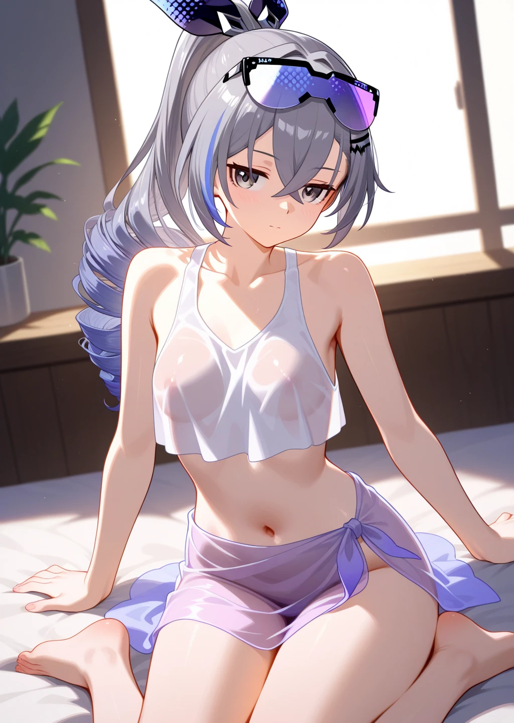 (​masterpiece), (top-quality, (exposed shoulders:1.5), (towel fabric:1.5), (blushed face:1.3), (barechested:1.3),big breasts, sit, precise small hands, Embarrassed look, Smile, extremely cute girl, baby face, Clear eyes,, Shining eyes, shoulder is visible, small breast, thigh is visible, The beautiful skin, ultra-definition, Top resolution, white hair, long hair, bed