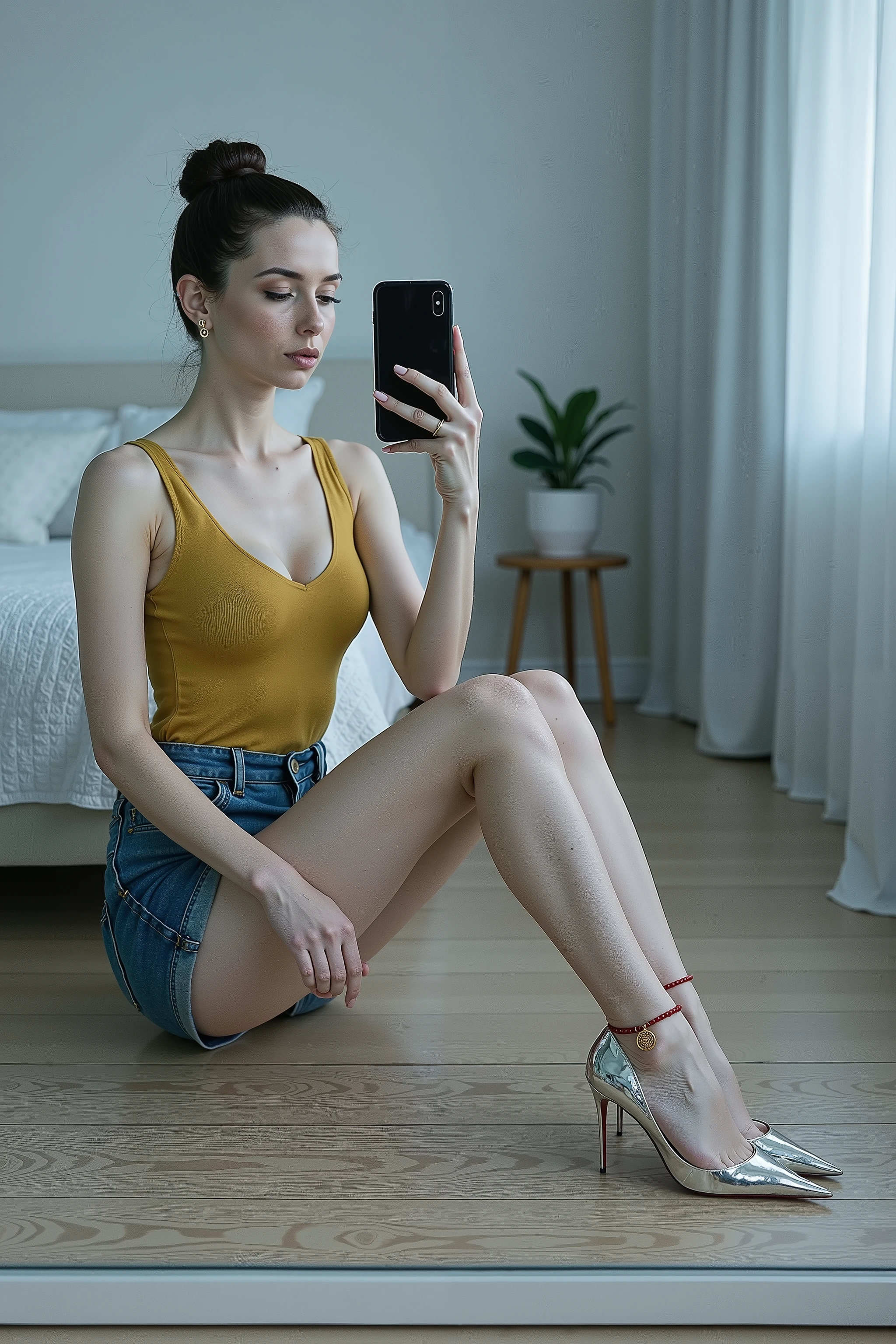 Mirror selfie, full body shot from head to toe, taken in a minimalist bedroom with cold natural daylight. A slim woman with fair skin and a soft pink undertone is seated elegantly on the wooden floor, legs together and slightly tilted to one side.
She wears a fitted mustard yellow V-neck tank top that softly frames her collarbones and cleavage, paired with classic denim shorts with rolled hems. On her feet are black Christian Louboutin sokate stilettos with pointed toes and red soles. A red woven anklet with a small golden Buddhist knot charm adorns her right ankle.
She holds a black smartphone in one hand, positioned in front of a large mirror. Her posture is upright, graceful, and composed. Her dark hair is styled in a high bun, revealing her defined features and a serene, confident expression.
The room is clean and minimal, with wooden floors, a white bed with textured bedding, sheer curtains, and a small potted plant on a wooden stool in the background.
High realism, DSLR quality, cold lighting, soft shadows, elegant tone, no clutter.