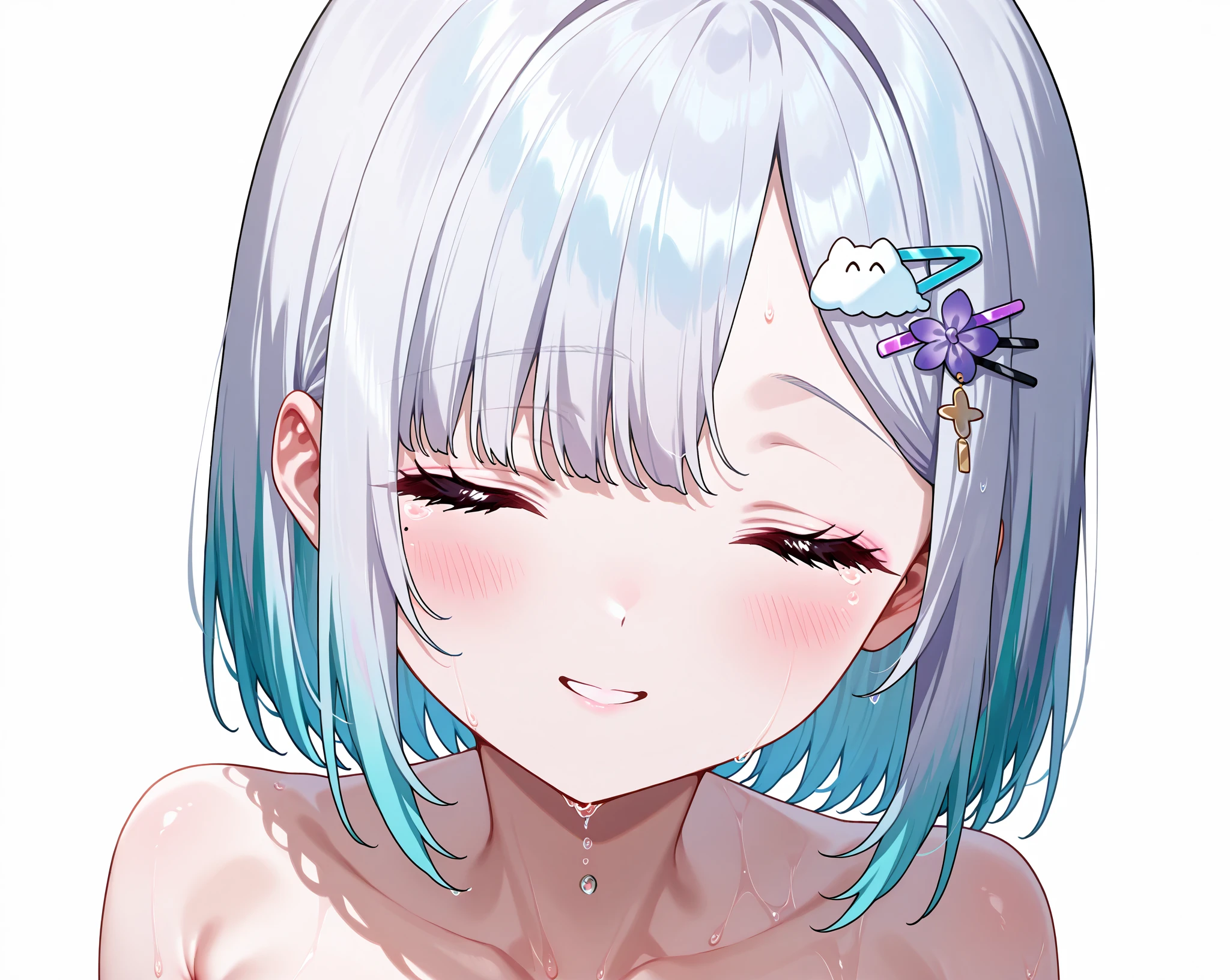 (masterpiece:1.5), (ultra-detailed:1.5), (best quality:1.5), (highres:1.5), (pretty cute face:1.3), (detailed eyes:1.3), (short silver hair:1.2), (pink eyes:1.2), (loli:1.0), (solo:1.0), (embarrassed:1.2), (smile:1.2), (cowboy shot:1.2), (completely nude:1.5), (flat chest:1.2), (nipples:1.2), (hands up:1.2)