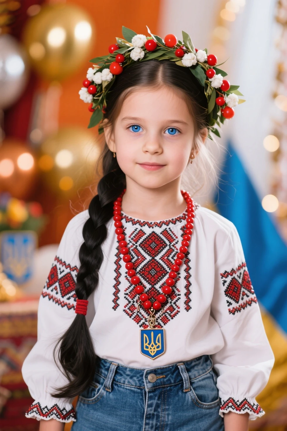 4K, masterpiece, highres, absurdres, natural volumetric lighting and best shadows, highly detailed face, highly detailed facial features, smiling, edgVyshivanka, mENINA CHILD blonde in a white, blue, yellow, green, pruple, black dress and a wreath, wearing edgVyshivanka, edgVyshivanka_style_embroidery, floral embroidery, bright latex floral printing