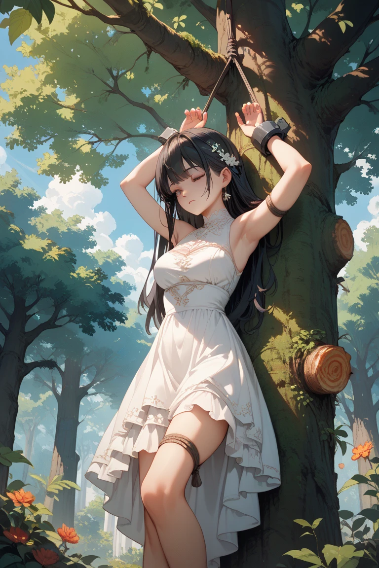 a girl sitting on a bench, wearing a camisole, long black twin tails, thigh-high socks, cinematic lighting, highly detailed, photorealistic, 8k, extremely detailed face and eyes, gorgeous, elegant, beautiful, serene, peaceful, natural setting, lush green garden, sunlight filtering through trees, soft shadows, warm color tones, dreamlike, ethereal