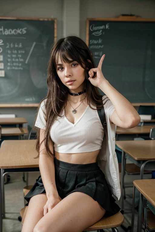 Beautiful wear light pink sailor skirt with black collar
Shaggy hair with wolf head band
On a classroom
Mysterious face
Beautiful face
Realistic