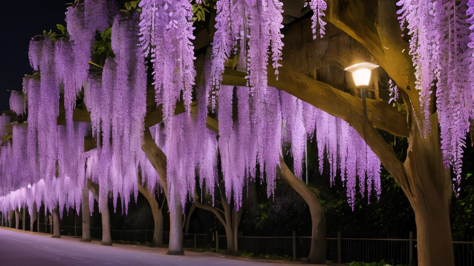 wisteria flower night light up 16:9 image 2048 x 1144px
