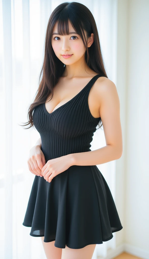 masterpiece, Highest quality,16K, Ultra-high resolution,The light and shadow of reality,Cinema Lenses,(Very skinny),(Very firm and beautiful breasts),((Her waist is so slim and beautiful)),((She has outstanding style)),(Pure white beautiful skin),((Large, clear, beautiful eyes)),((Her face is very small)),((Cute Japanese Girls)),((She is wearing a black checked camisole dress.)),((Sitting on a bench in a stylish cafe)),(Sexy pose),(Beautiful Eyes:1.1),Reflecting clear eyes and a gentle smile,