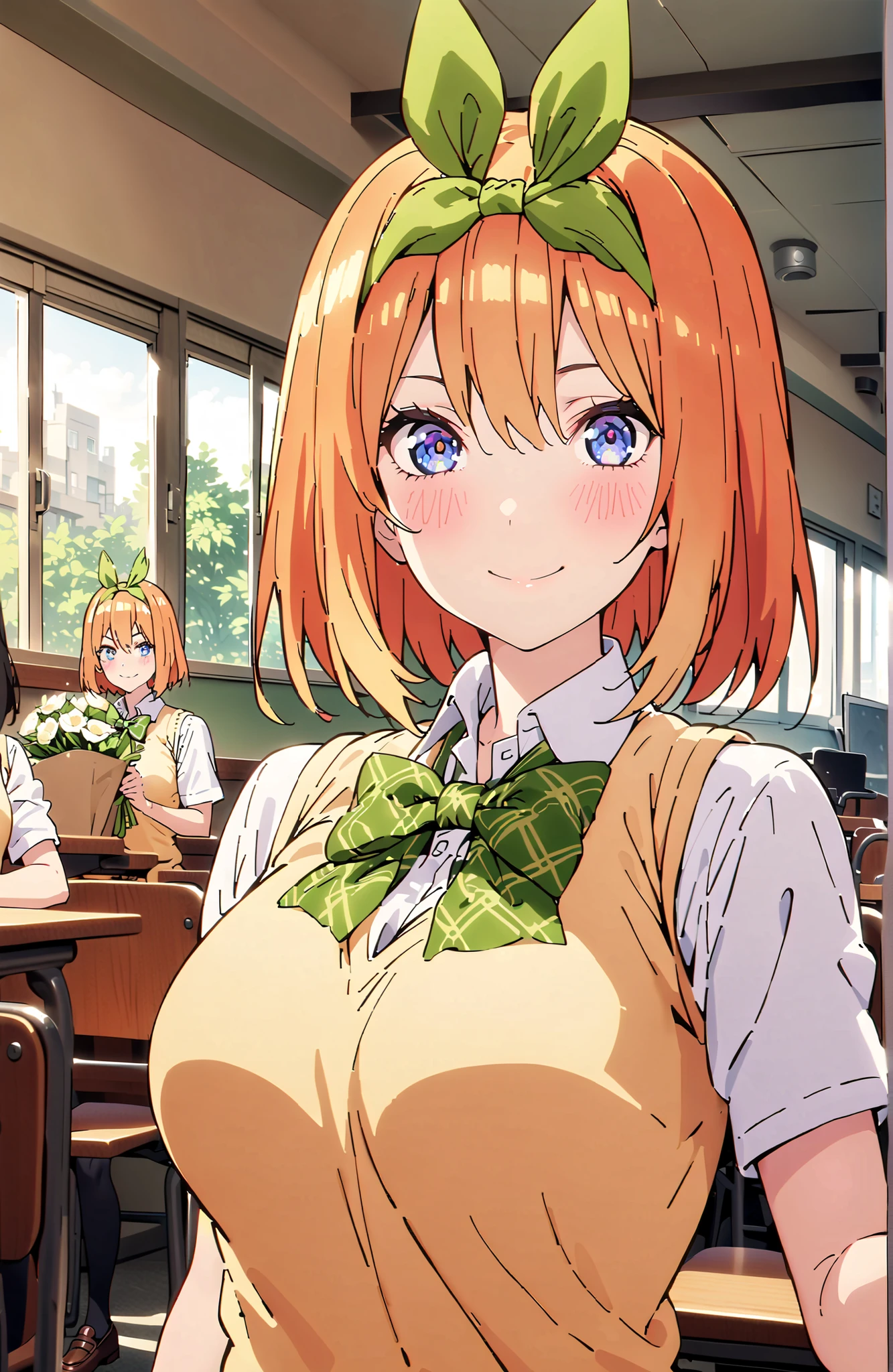 score_9, score_8_up, score_7_up, 中野四葉, solo,bungs, short hair, blue eyes, hair between eyes, hair ribbon, headband, orange hair, (green ribbon:1.5), smile,blush,grinning,Big Breasts,
in their 40s skirt, shirt, bow, ribbon, uniform, white shirt, short sleeve, green mini pleated skirt, collared shirt,bowtie, black socks, loafers, green bow, sweater vest, green ribbon, (yellow sweater vest:1.5),Holding a green bouquet with one hand,standing,curtains,window,machine,chairs, Flower blowing snow, Beautiful Streetscapes,
in their 40s indoors, Classroom,
in their 40s looking at viewer,full body,
in their 40s (masterpiece:1.2), Highest Quality, high resolution, Unity 8k Wallpaper, (Illustrations:0.8), (beautifully detailed eyes:1.6), very detailed face, perfect lighting, very detailed CG, (perfect hand in h, perfect anatomy),