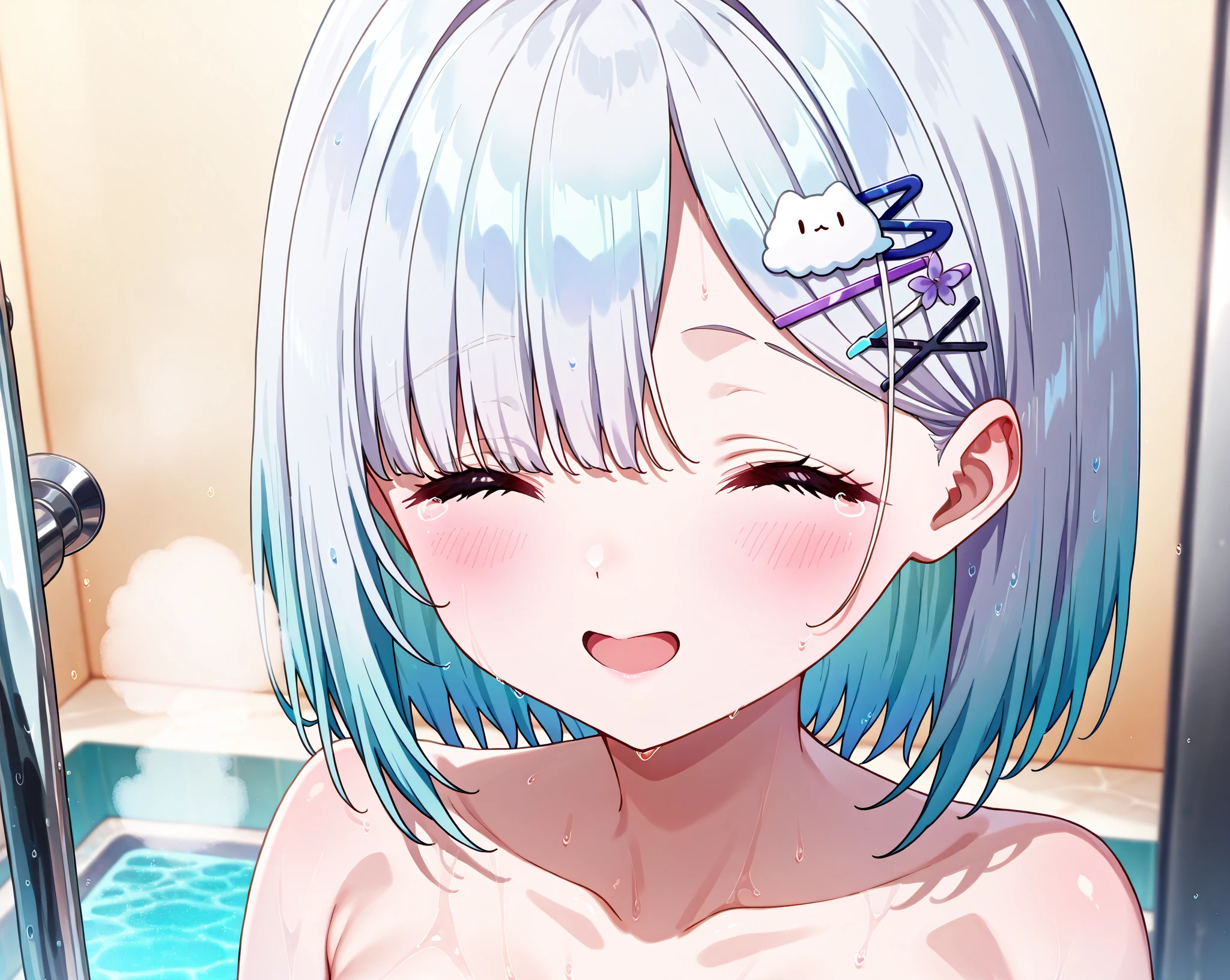 masterpiece,Highest quality,indoor,Ruined classroom,sitting at a desk looking at the viewer,Water is filling up,White tile,Ocean View,noon,blue sky,1 Girl,Halo,Braid,Close ~ eyes,blush,Close your mouth,orgasm,naked,Flat Chest,Focus on face,upper body,pussy,cum on body,cum on face,