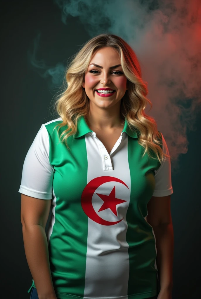 Blonde woman slightly plump, wearing a white and green block polo shirt with a large Algerian flag pattern, black background with colored smoke realistic photo