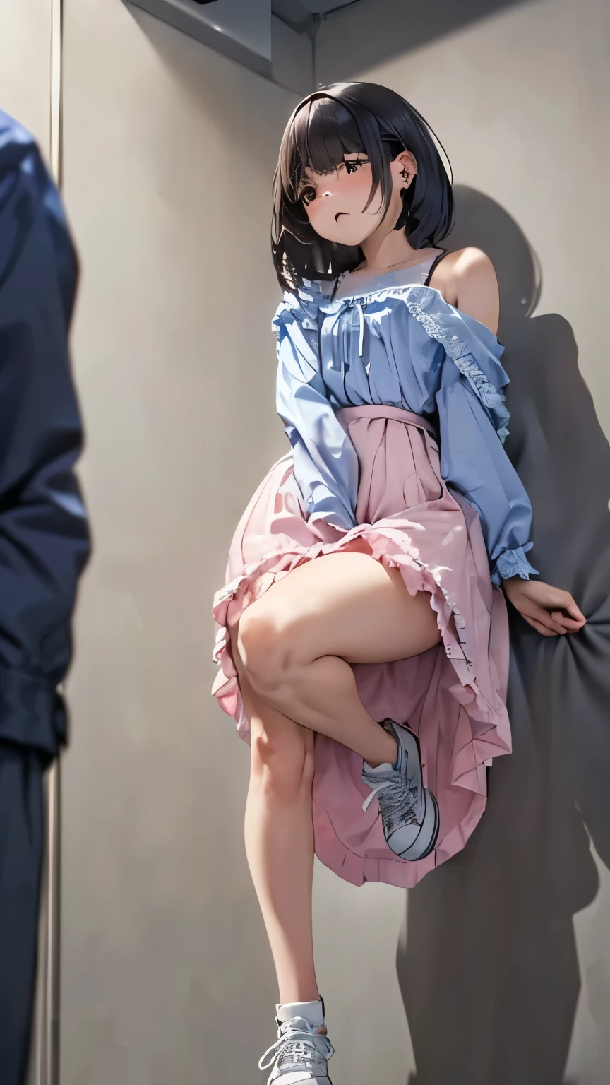 (SIGMA 200 mm F/1.8, 1/1000 sec shutter, award-winning photo), (beautiful medium breasts, shiny skin), (have to pee-pee:1.2), (Disheveled hair), (Unable to hold pee-pee anymore desperate look:1.3), (She needs to pee-pee so badly:1.5), (She front in queue with girls restroom:1.4), (Panting:1.2), (Full face blush:2), (So embarrassing), (Constricted Pupils:1.7), (Impatience), (flustered:1.5), (She wasn’t moving, Her shoulders were high, almost touching her ears, and her whole frame looked tense and frozen, legs straight standing on tiptoes, arms stiff, her whole posture unnaturally tight, She stood like someone trying not to break under pressure:2), (She casually clutch herself crotch in hold her pee-pee:1.1), (wearing Frilly blouse, Long skirt, Sneakers:1.3), (long shot:1.5), (8K, ultra-detailed, best quality, ultra-detailed face, anatomically perfect figure, extremely detailed glamorous curvy body girl), nsfw,