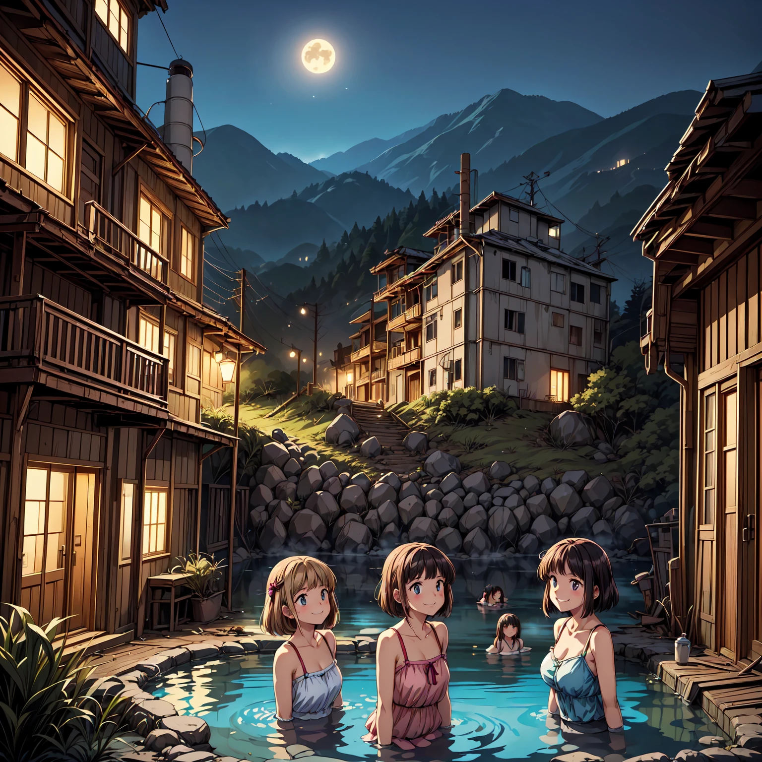 A couple is romancing across the camp on the mountain. The women are without clothes and have big Curvy hips. It is night and a fire is burning.