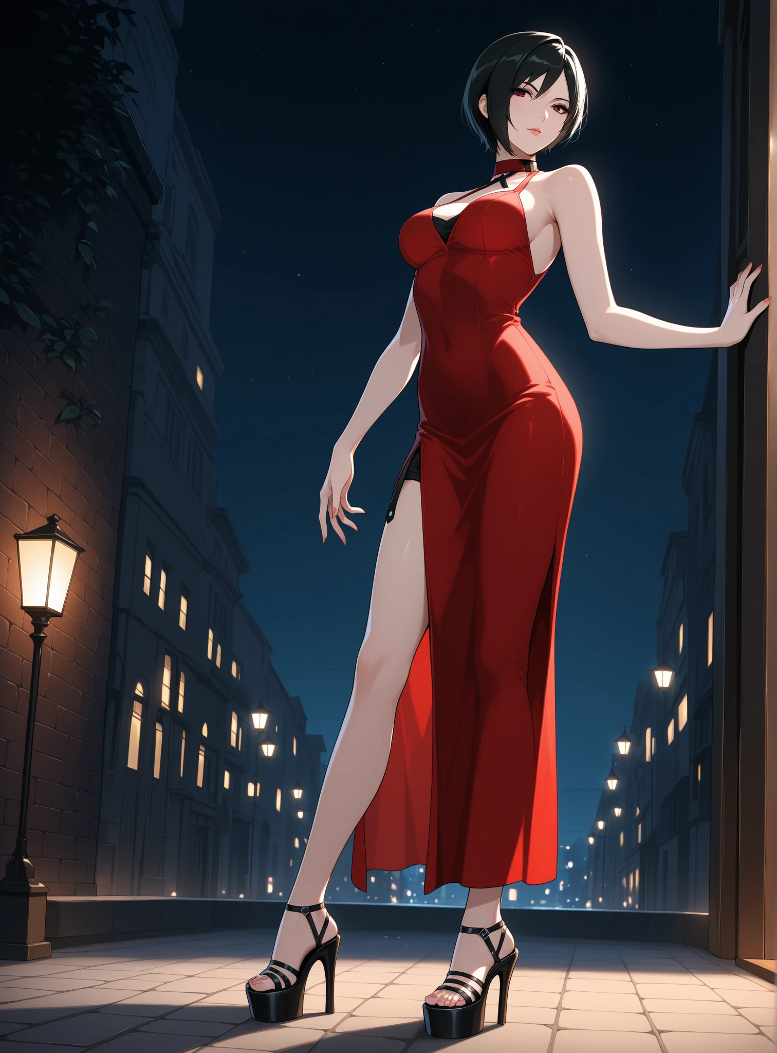 Scarlett Johansson, orange hair, black business suit, barefoot, blushing, alleyway, night, hands on chest, high heels, black lipstick, black eyeliner, red faced, flat chested