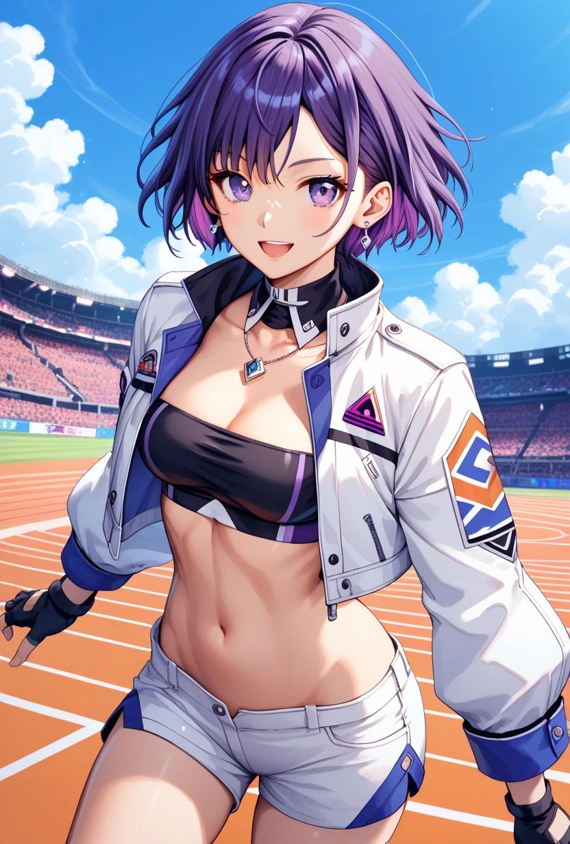 wearing football_uniform, inside_stadium, FernFrieren, very long hair, purple eyes, (purple pupils),, ultra detailed, masterpiece, best quality, aesthetic, detailed,