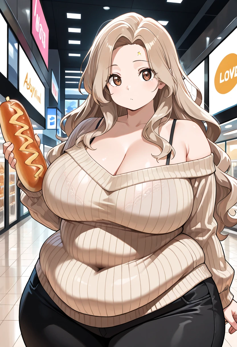 detailed illustration, cowboy shot, golden hour, nakamura misaki, nanae, pretty face, light blonde hair, blunt bangs, long hair, pink eyes, heart shaped earrings, mole under eye, white sweater, long puffy sleeves, off shoulders, bare shoulders, black tight skirt, black leather thighhighs, (thick thighs), (huge breasts:1.4), blushing, flustered, sitting on chair , busy cafe full of people, burger resting on plate on table, fast food place, cinematic lighting, hires, volumetric lighting, highly detailed background, masterpiece, <lora:add_detail:0.5> <lora:hairdetailer:0.5> <lora:nakamura misaki (nanae):0.8>