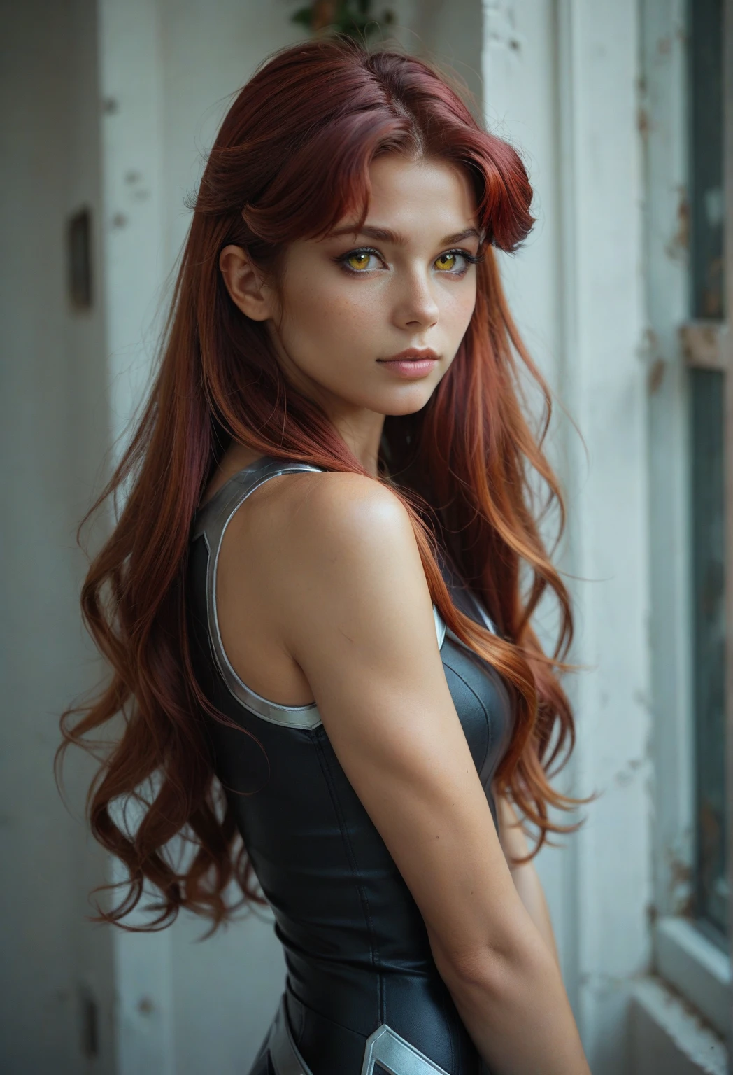 a 22 year old woman, serious expression and striking appearance. My hair (long pastel neon red hair, contemporary and futuristic look) frames my face and highlights my very very large blue eyes and brighter than a normal human being, magnetic brightness. My full lips are slightly parted, as if I'm about to say something. Her button nose is redder than the rest of her pale skin. My colored eyebrows are thick and dark, giving me a bold look. My cheekbones are high and defined and my eyelashes are long and curled. Her lips, painted in bold shades of bright orange. Their chromatic intensity completes the extraordinary ensemble, giving an aura of glamor and refinement to this girl with a memorable face.
Immersed in nature, this photo portrays a young model in an Italian garden. She wears an elegant black dress, whose sinuous shape is accentuated by a gentle wind. you can see all of her. The model has her back turned.
The camera, positioned at a low angle, captures the model's distinct behind against white columns and lush greenery. The twilight accentuates her dress, creating contrast between shadows and lights.
The golden details of the accessories blend with the surrounding greenery. The season is spring, highlighted by blooming flowers. The photo conveys an atmosphere of mystery and trust, with the model looking forward.
This shot summarizes the timeless beauty of fashion, combining nature with elegance in an image that exudes luxury and sophistication.