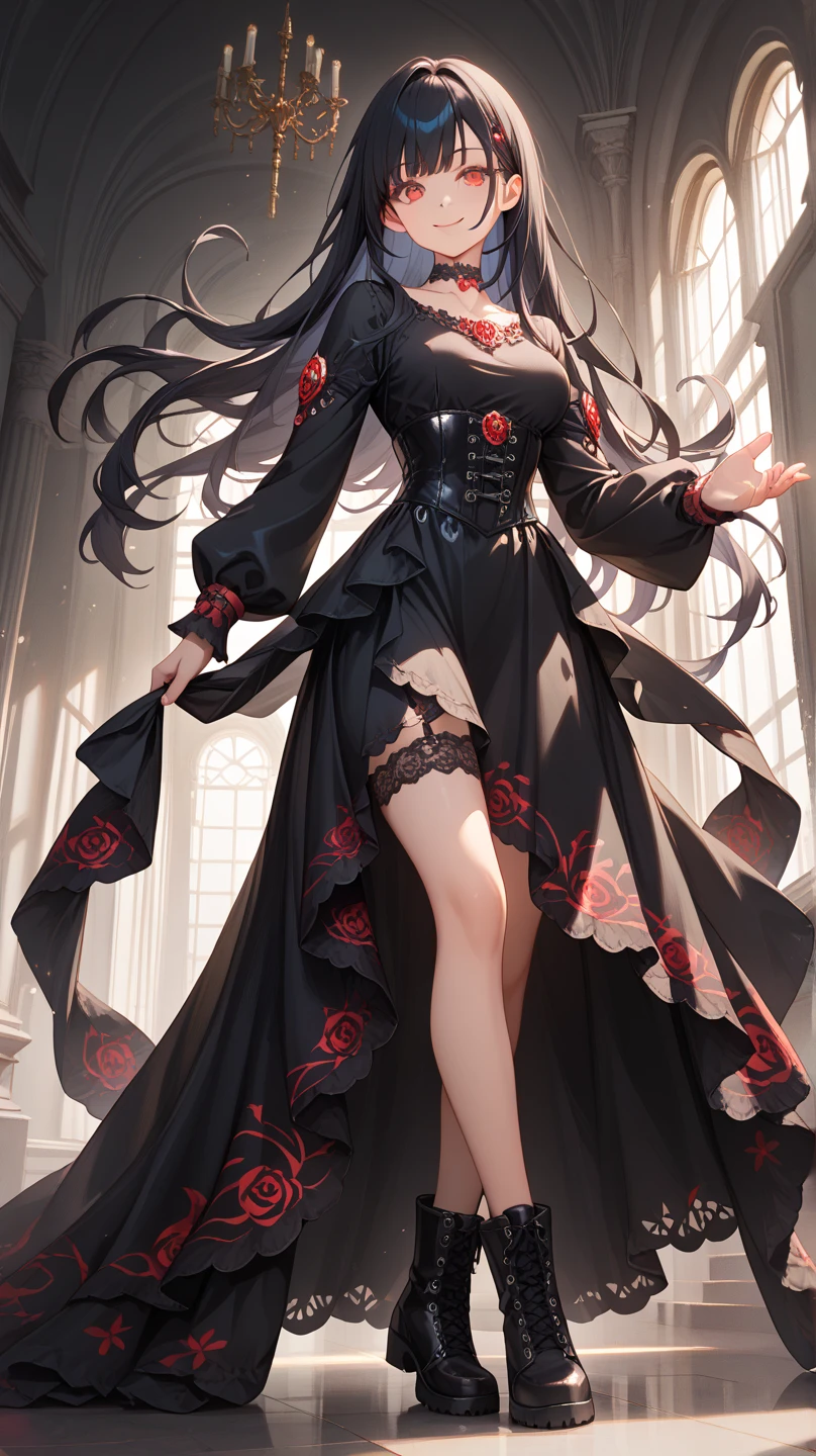 A beautiful girl, dressed like a raven, with raven wings, long hair, black Raven flowers around her, pretty face, full body pictures, high quality pictures, wearing a high heel, cute face, proper face