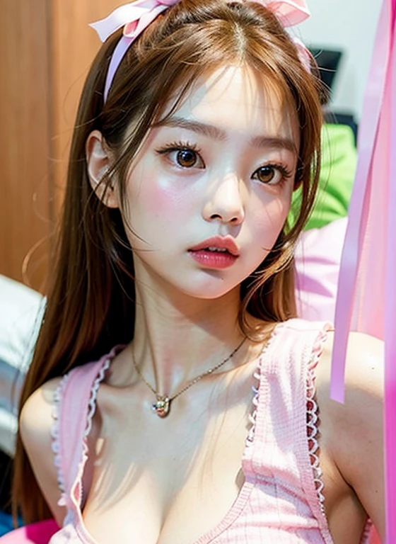 ((Highest quality, 8k, masterpiece :1.3)), Sharp focus :1.2, Beautiful woman with perfect figure :1.4, Slim Abs :1.2, ((Big Breasts, Emphasize cleavage:1.3)), (Photorealistic:1.4), (realistic:1.4), Highly detailed face and skin texture, Fine grain, double eyelid. Makeup face. A little bit of lipstick, necklace, Earrings, sex appeal, gravure pose, ((A sexyuty in pink lingerie、She is lying on the bed and posing sexy.。Bl Long Hair。:1.3)