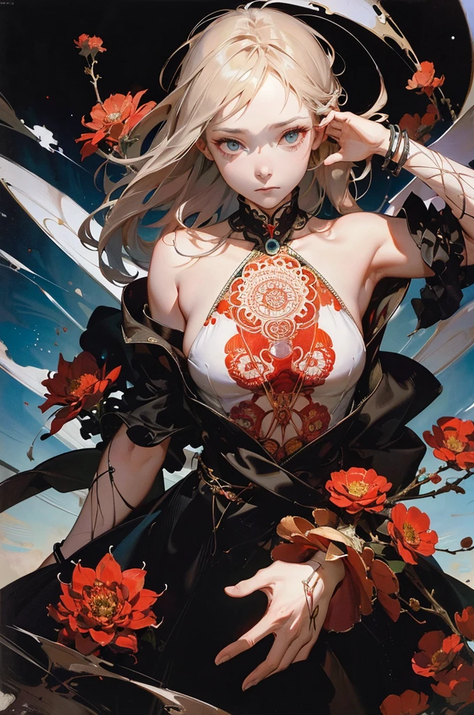 official art, unified 8k wallpaper, Super detailed, Beautiful and beautiful, masterpiece, best quality, (zendispute, mandala, dispute, endispute), (Fractal art:1.3) , 1 girl, Red flowers, Very detailed, Dynamic angle, Cowboy shooting, The most beautiful form of chaos, elegant, Barbarian design, Vibrant colors, romanticism, author:James Jean, Robbie Devi Antonio, Ross Chen, French Bacon, It was cold, Adrian Genius, Petra Corrette, Gerhard Richter, Takato Yamamoto, Ashley Wood, atmosphere