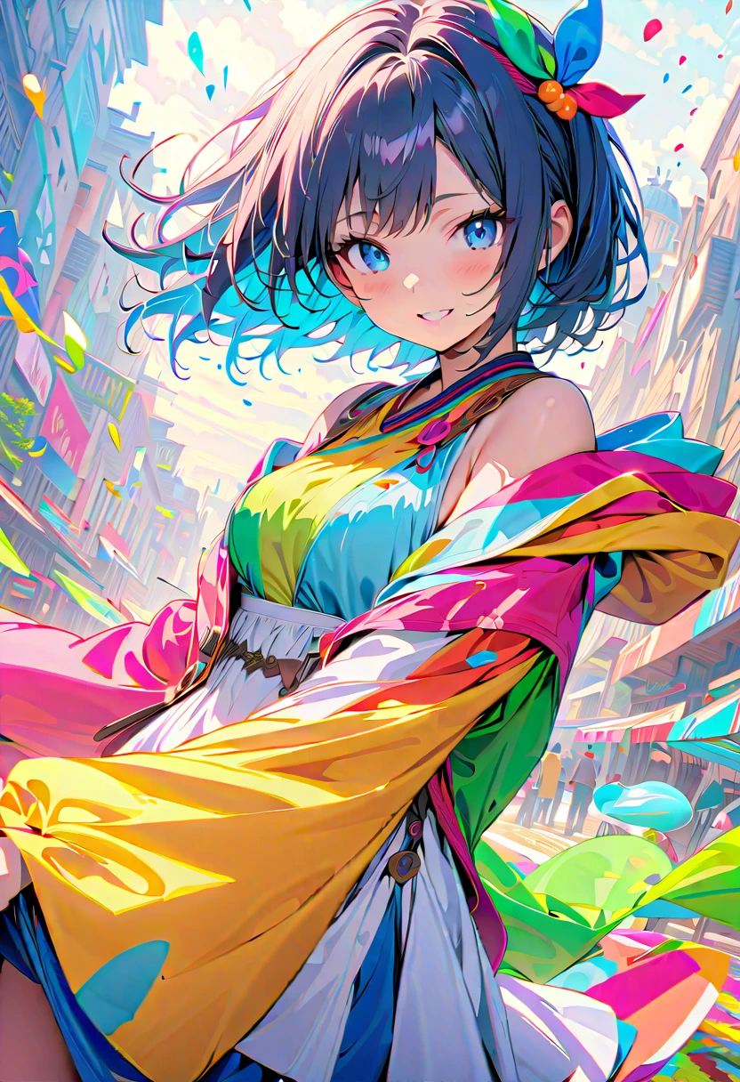(masterpiece, Highest quality, Official Art:1.2), (colorful), Perfect Anatomy, Looking at the audience,One Girl, alone, White Background, floating colorful water, Ultra-fine illustrations, Highly Details, Dynamic Angle, Beautiful detailed, 8K, 壊す smiling amidst the colorful scenes, (High resolution), Anime Style