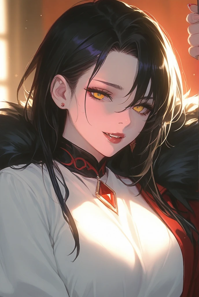 Absurd, high resolution, super detailed), 1 male, adult, handsome, tall muscular man, broad shoulders, black suit, scarlet eyes and delicate face, black hair, fantasy, vampire, fangs, fangs