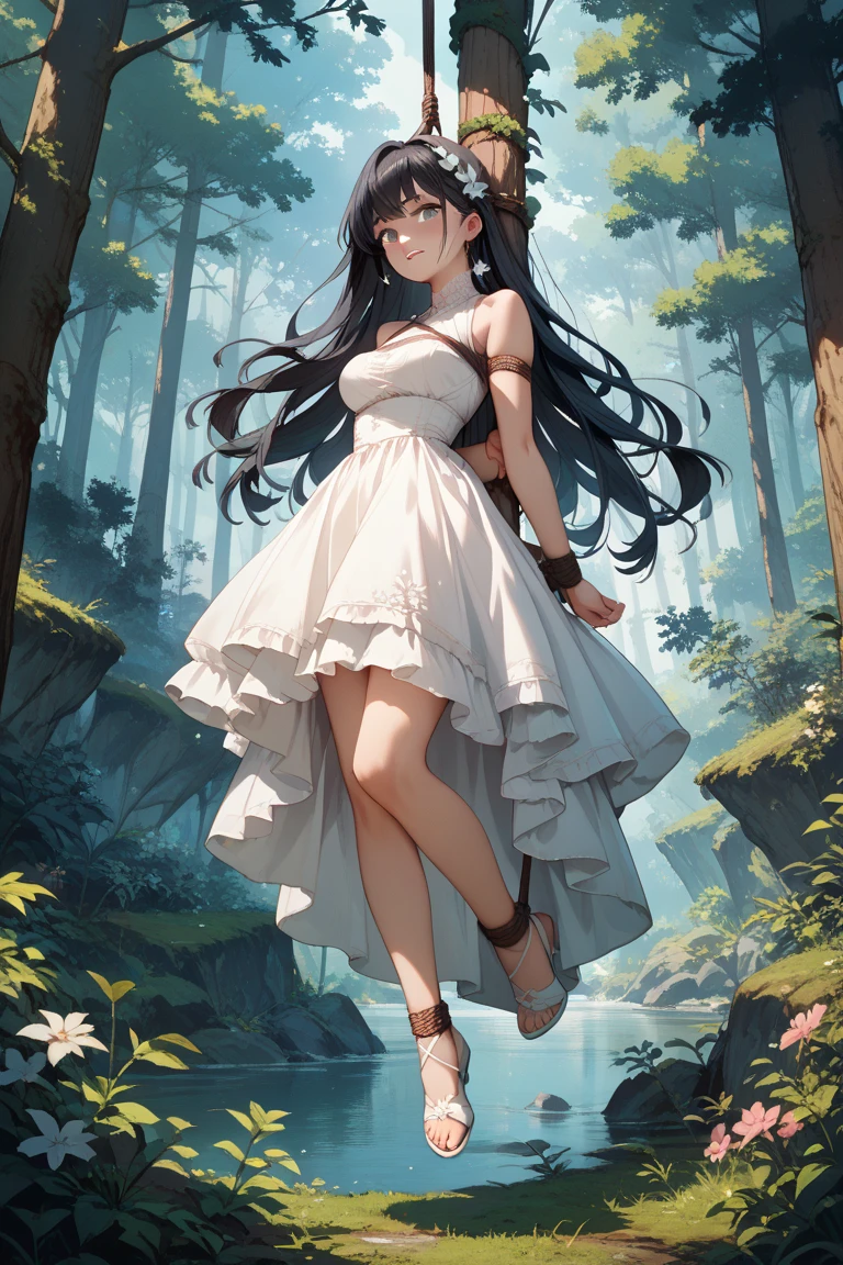 yoshida akihiko, 1girl, agnes oblige, arm support, bangs, black eyes, black gloves, black hair, black thighhighs, boots, dress, forest, gloves, hairband, hand on own chest, leg up, long hair, nature, smile, solo, swept bangs, thigh boots, thighhighs, white dress , bravely default: flying fairy, bravely default \(series\), <lora:yoshida_akihiko:0.6>