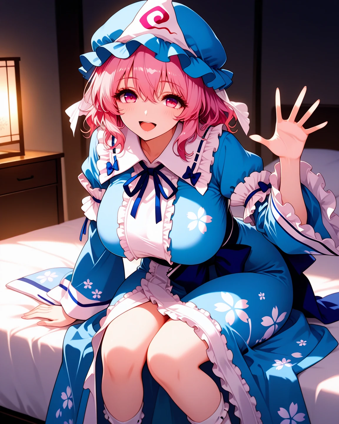 ((Masterpiece)),((high resolution)),((Best Quality)),Anime illustration,((1girl)),saigyouji_yuyuko_touhou,Feeling embarrassed,Are crying,15 years old,(Young),baby face and big breasts,large breasts,(low length),(Short),(child),orgasm,drunken eyes,Slave Collar ,pussy juice,spread legs,(fingering), schlick, (masturbation),