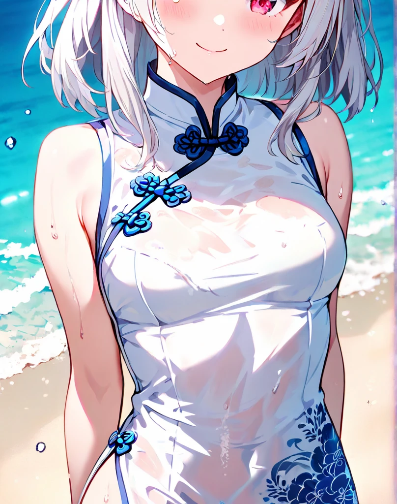 (((best quality)), ((masterpiece)), (details), masterpiece, best quality, high quality, ulutra detailed, perfect face, ((1girl, blue eyes, cat ears: 1.3 silver bob hair: 2.5,)) 、Shiny Hair、Glowing Skin、blush、Lustful look、Beautiful Kyungsi、Aodai official wearing a banknote、Chinese clothes、Claw Pose、Small fangs、blue sky、cloud、Ocean、（Splash：1.3）、