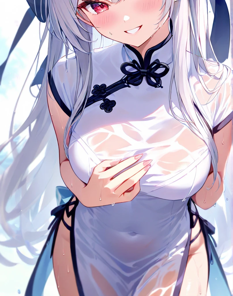 Woman wearing a white turtleneck transparent blouse,Get wet,the areola is visible,Seductive eyes,The face is covered with a piece of paper, Smooth white tight transparent underwear set, wearing translucent sheet, in white turtleneck shirt, pale milky white porcelain skin, author:Yu Zheding, Smooth translucent white skin, author:Xia Yong, xintong chen, author:Xia Chang, gongbi, author:Xi Gang