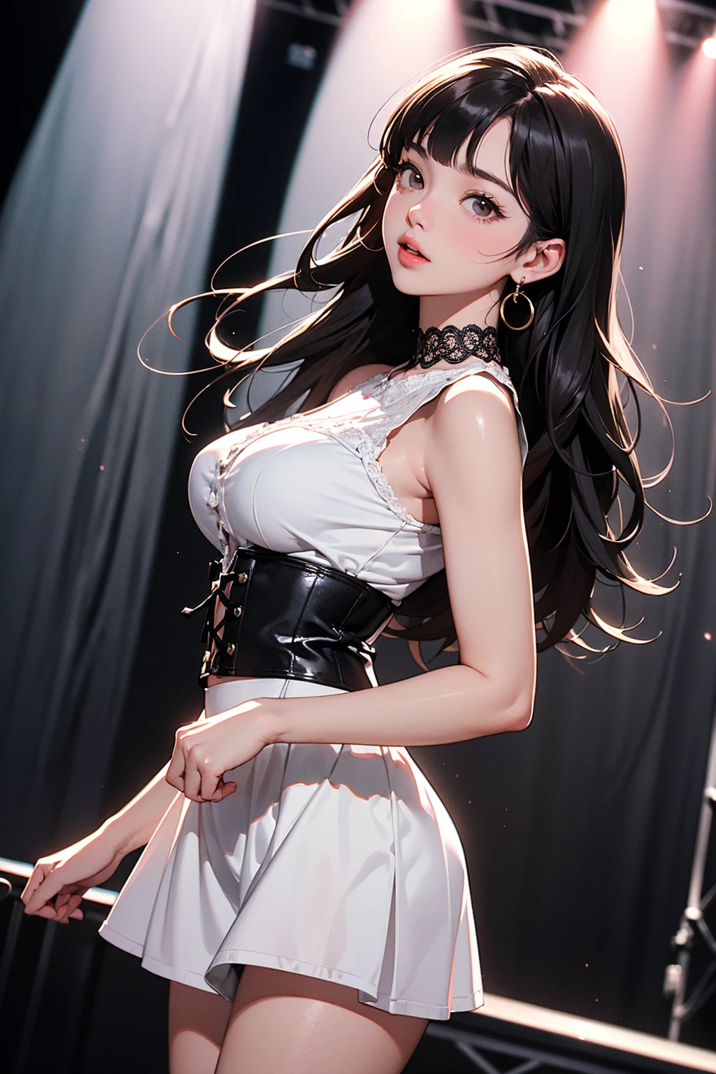 1girl, the boss of the company, long black wavy hair and gray eyes, tall, thin, sexy, contempt and arrogant and elegant, from the 21st century behind her there are windows showing various buildings in the city (absurdity, high resolution, super detail), lesbian, Jefax employee, office clothes, one with long hair, the other with short women, white sheer blouse, tight black mini skirt, underwear bite, sexy pose, lower body slender,