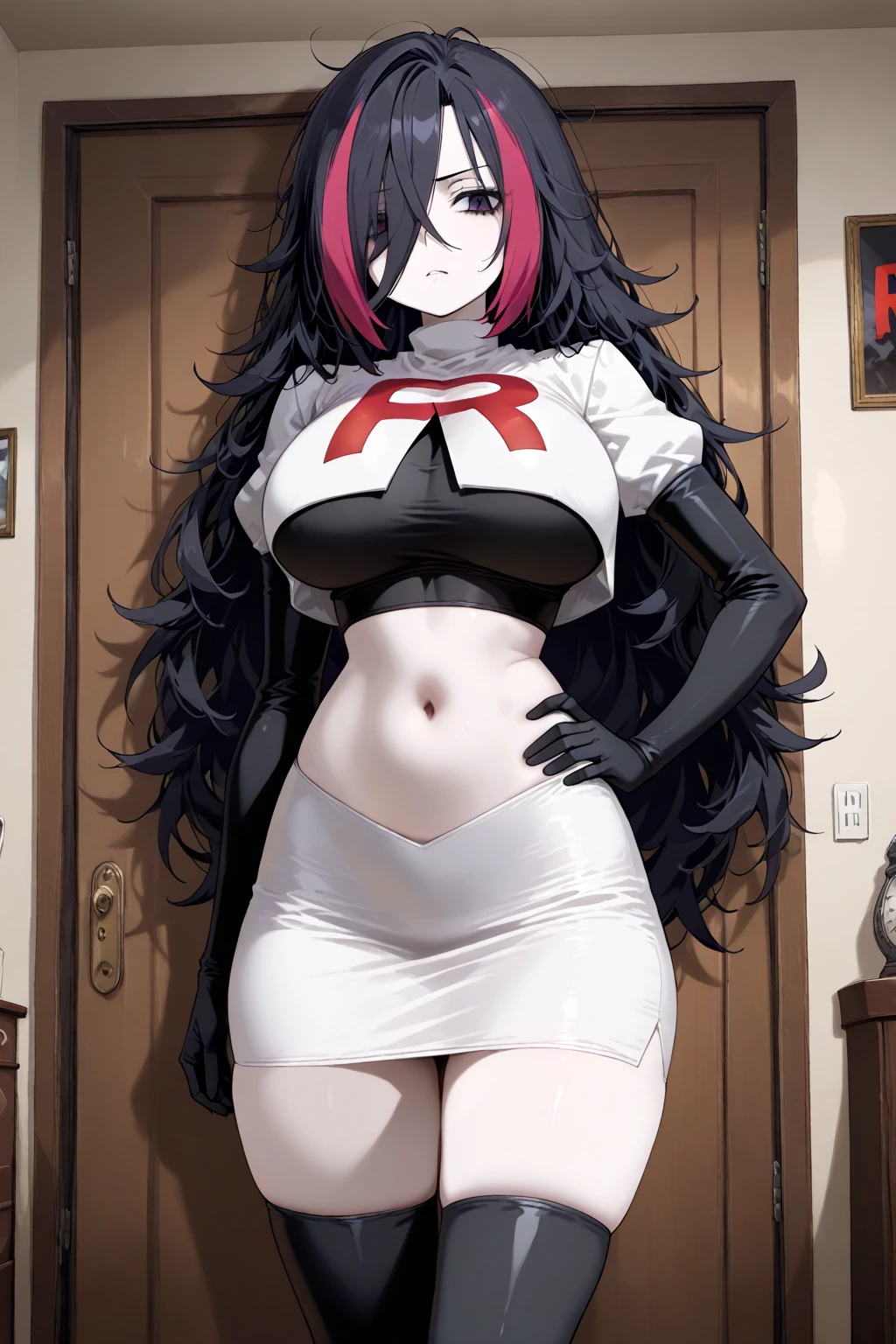 pokémo、big tits milf、big tits milf、big tits milf、Musashi、Red hair、arrogant and very selfish、Jessie Pokemon、solo、Team Rocket、gloves、all back、long hair、gem、skirt、belly button、thigh high socks、earrings、肘gloves、Team Rocketの制服、crop top、blue eyes、abdomen、white background、belt、黒いgloves、very long hair、simple background、smile、black stockings、purple hair、look at viewer、chest、白いskirt、ミニskirt