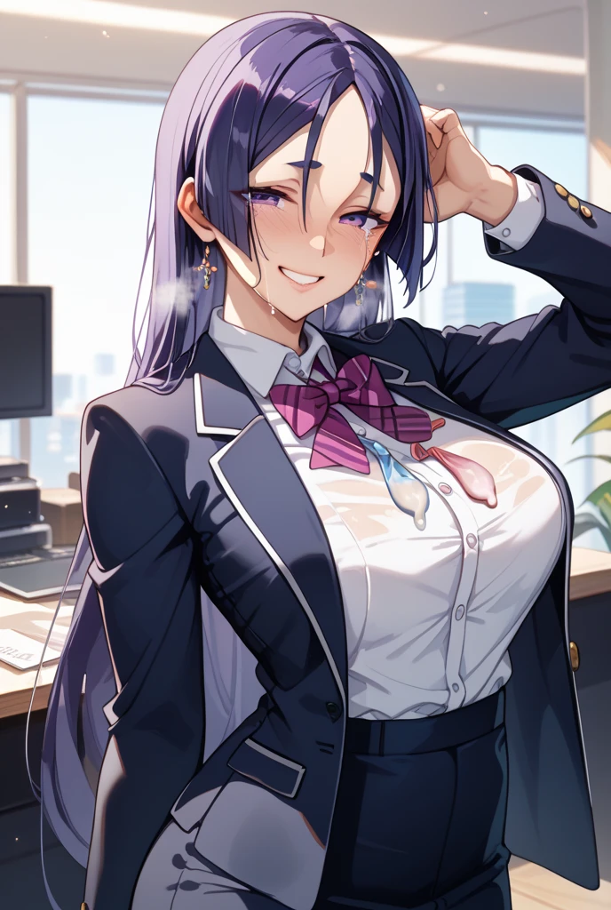 (((Spread your legs)))、Glasses、Uniform Blazer、Beautiful beauty、Long purple hair、((whole body))、(((Photo taken from below)))、school gate、Big Breasts
