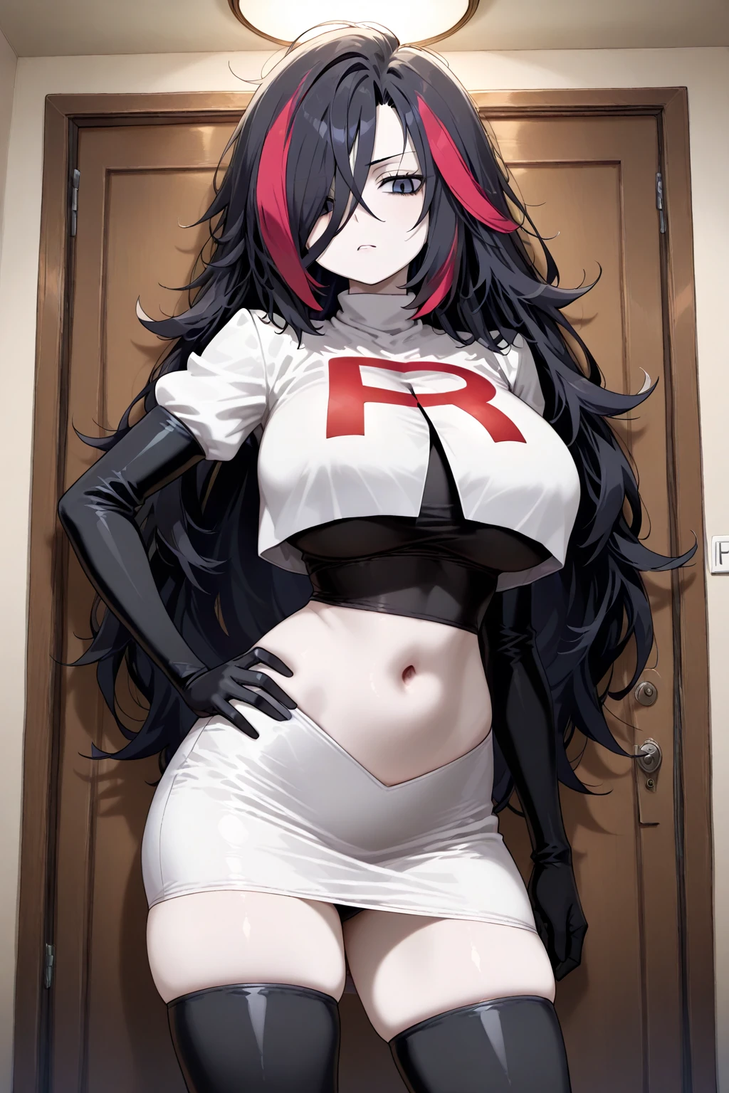 bimbo girl, Team Rocket,Team Rocket uniform, red letter P, White skirt,white crop top,black knee socks,black elbow gloves,