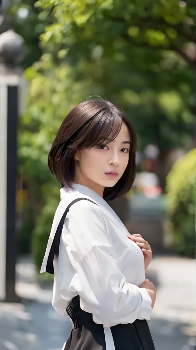 ((Highest quality、In 8K、masterpiece:1.3))、Sharp focus:1.2、Beautiful woman perfect body:1.4、Slim Abs:1.2、((Short Hair:1.2))、(trendy fashion in tokyo、shirt:1.1)、Background white、Wet body:1.5、Three-dimensional texture、Detailed eyes、(Brown Hair、Black Hair:1.2)、Very shiny hair、Backward view、Hair quality improvement、Handsome short、Short-haired blonde、No text、Lower text eraser