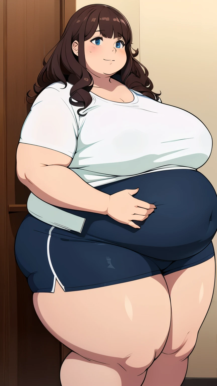 1000 pound very obese woman with short curly hair, dirty clothes that have bits of food on them, belly hanging out, sitting on a the floor, wearing a short shirt and pencil skirt that barely covers her thighs