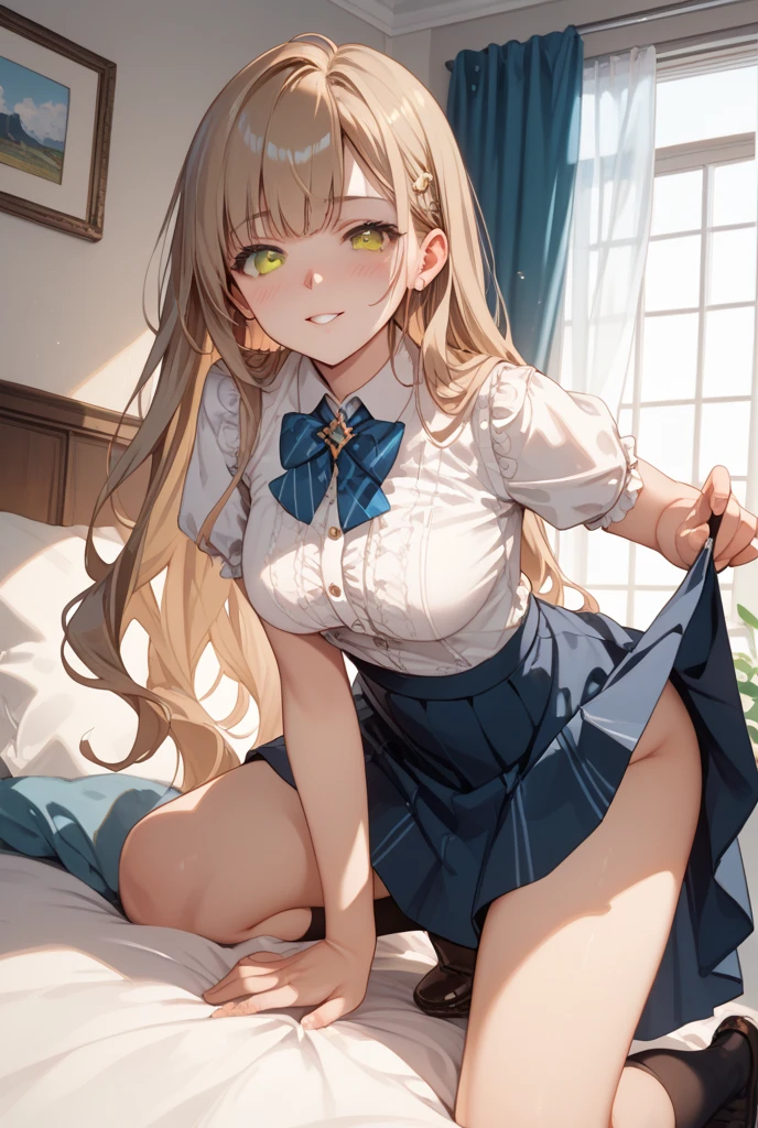 ((highest quality、Highly detailed CG Unity 8K wallpaper))、detailed face、perfect body、unparalleled beauty、beautiful breasts、spread your legs wide、((She lifts up her skirt and shows her panties、embarrassed look))