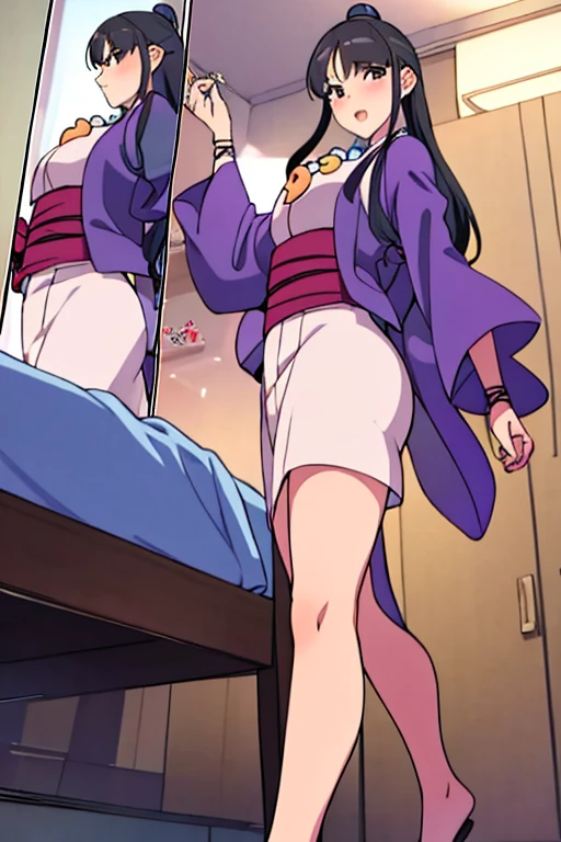 adult woman、exact number of fingers、Exact number of legs、Exact number of armedieval castle、, despise, pride, standing and leaning at the desk、purple long hair, ((purple eyes)), forest, Sweat, white long dress, (blush:1), (put one hand in your panties:1.8), fingering, (pussy juice:1.2), (Detailed and richly decorated panties:1.3), Ribbon at collar, (White and pink panties with lots of lace:1.3), white lace bra:1.2), beautiful big breasts, (erect nipples:0.93), The skirt is flipped up、highest quality, High resolution, highly detailed face, perfect lighting, Very detailed CG, (perfect hands, perfect anatomy),embarrassed expression、The expression that you are holding back from going to the toilet、close your eyes、sexy look、look upward、Climax、whole body