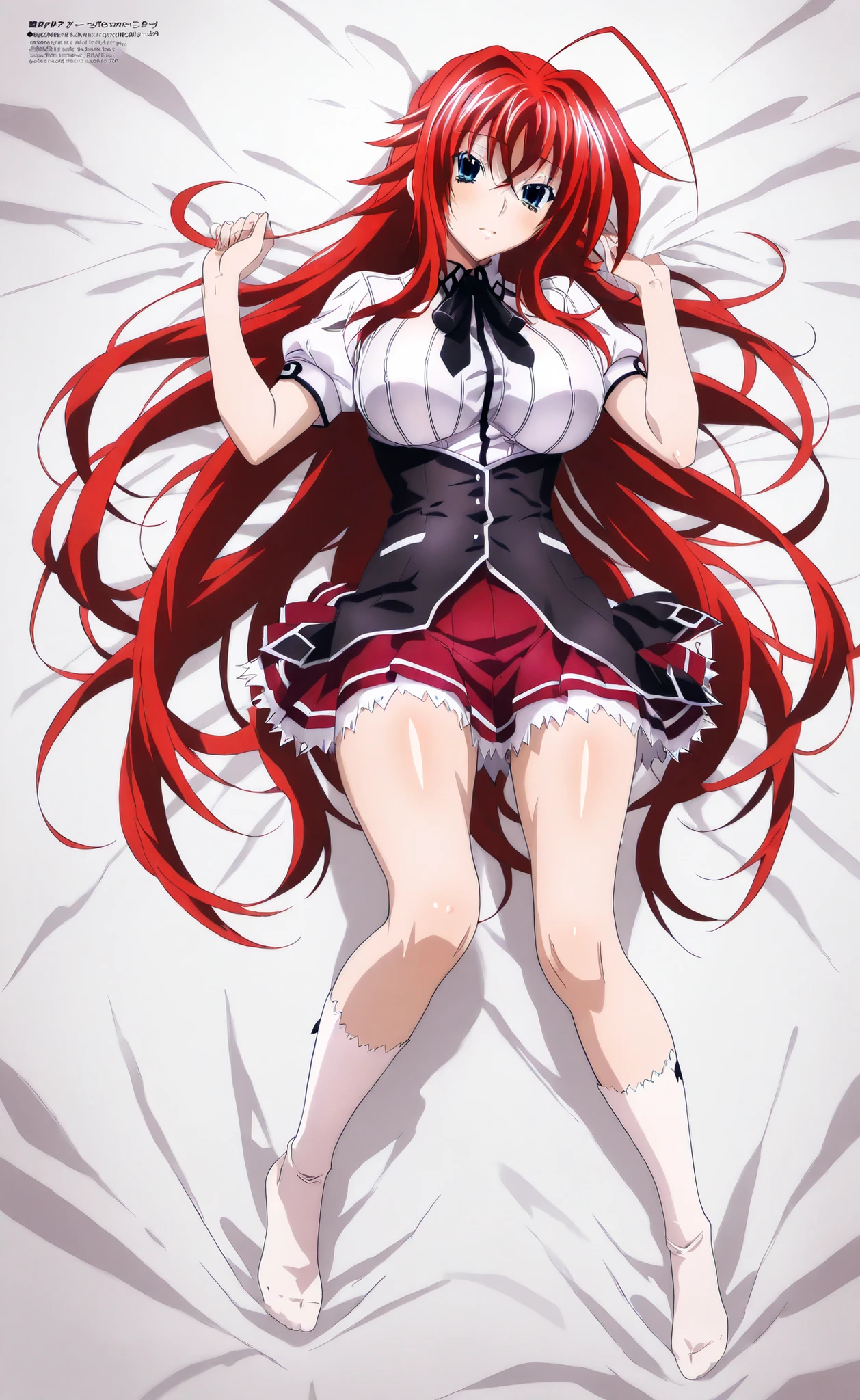 high definition, masterpiece, necessary, detail, best Quality, Quality, necessary, details, High details, Accurate, высокое Quality глаз,beautiful eyes,1 girl , ufotable style, ufotable anime , Rias Gremory (high school dxd), Clothes: shirt, skirt ,long hair, blue eyes, big breasts, full body, dakimakura