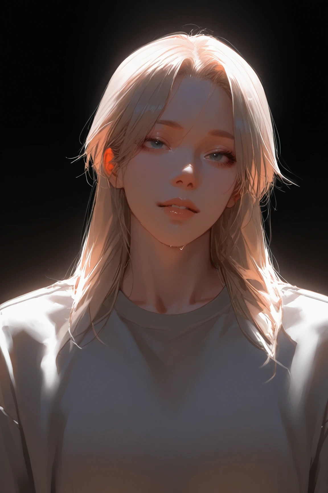 dressed, (photo realistic:1.4), (hyper realistic:1.4), (realistic:1.3), (smoother lighting:1.05), (increase cinematic lighting quality:0.9), 32K, 1girl,20yo girl, realistic lighting, backlighting, light on face, ray trace, (brightening light:1.2), (Increase quality:1.4), (best quality real texture skin), finely detailed eyes, finely detailed face, (tired and sleepy and satisfied:0.0), face closeup, t-shirts, (Increase body line mood:1.1), shiny skin