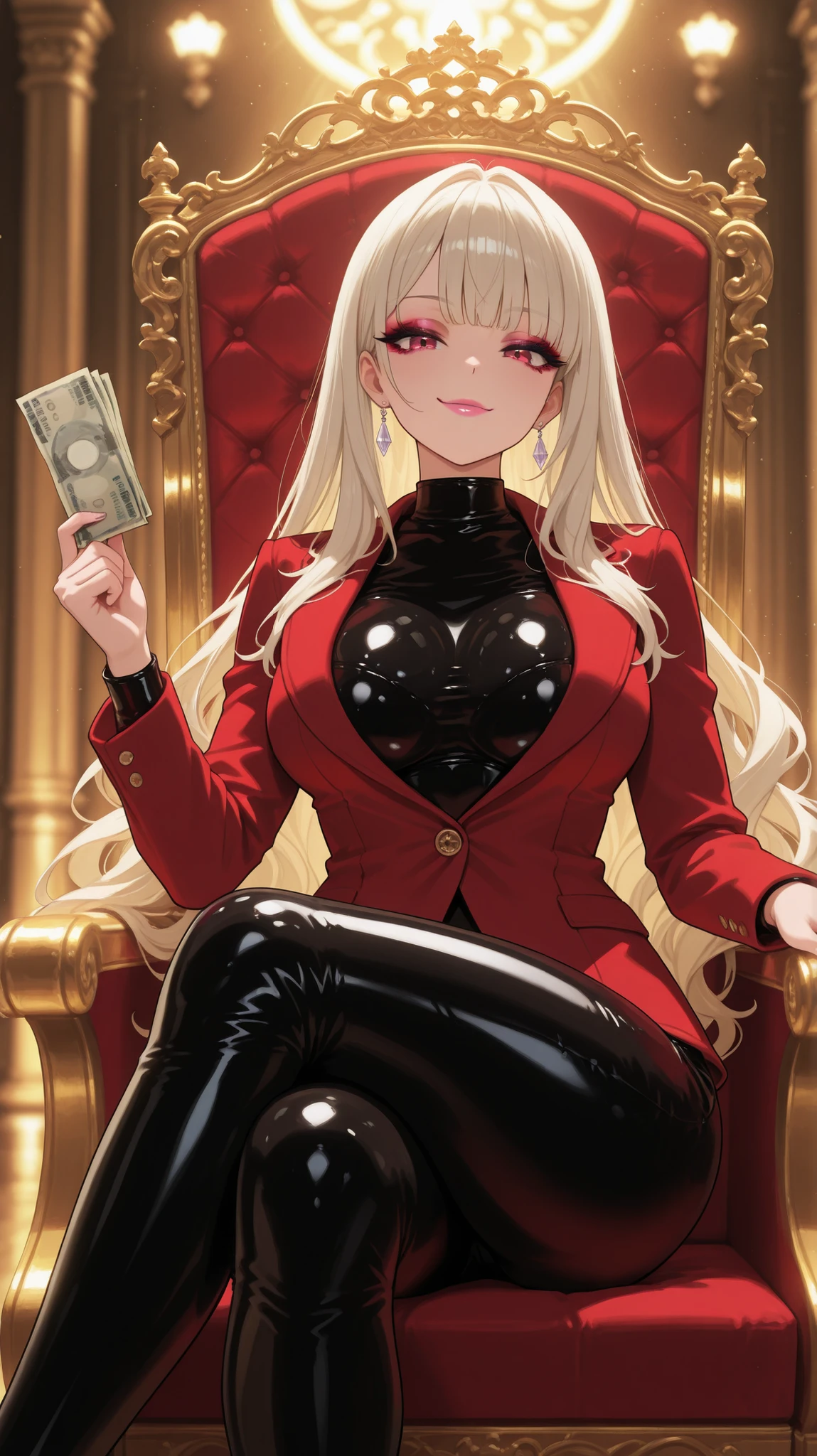 Anime-style woman sitting on a Fancy, golden, softly lit Throne room. Sitting at a Throne. Sitting above the viewer. holding a Money in one hand. She wears a glossy black latex catsuit that hugs her exaggerated hourglass curves and enhances her voluptuous figure. Latex over her breast. She wears a red jacket with one button. Her hair is platinum blonde and styled in long wavy layers, her makeup is bold with thick lashes and glossy pink lips. The Throne room is ambient, Fancy, and stylish, with warm golden lights and blurred background. She looks at the viewer with a playful, confident expression. Highly detailed latex reflections, warm lighting, open red jacket with one button, smirk, legs crossed, platinum blonde hair color, silver earrings, bimbo aesthetic, soft background, intimate and stylish mood."