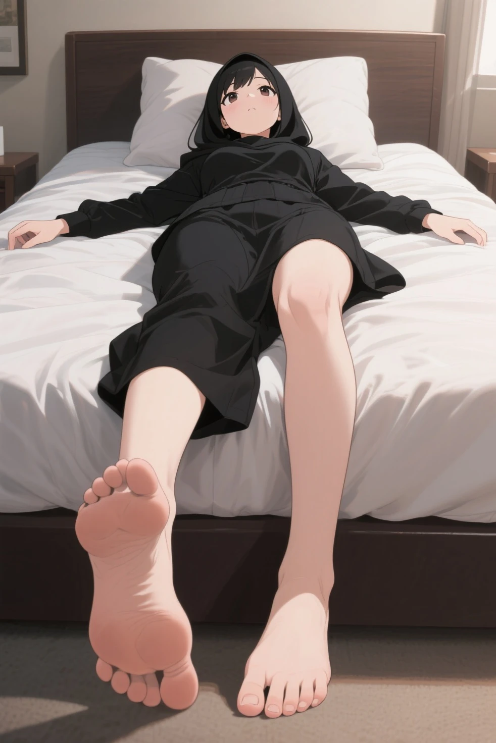 masterpiece, Highest quality, so beautiful, Absurd,Anatomically correct body,One boy, Male Focus, Ikari Shinji, Neon Genesis EVANGELION,View your viewers,White tank top,Black shorts,On the bed, Show the soles of your feet, Perfect legs, Five-toed feet, Feet Focus, Two legs, 2 feet