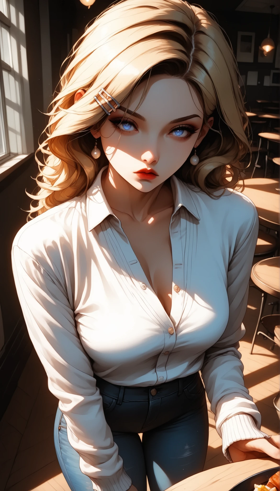 (masterpiece:1.2), (best quality:1.2), ultra detailed, 8k, watercolor, cinematic lighting, volumetric_lighting, rim light, soft shadows, ((forced_perspective)), (Diminishing scale perspective:1.3) BREAK (1girl, pale_skin, ash_blonde_hair, straight_hair, parted_hair, hairclip, pale_gray_eyes, colorless_lashes, expressionless, no_makeup, waxy_complexion) BREAK (standing, holding_tray, arms_slightly_bent, still_pose, slight_hunch) BREAK (gray_cardigan, black_jeans, button_down_shirt, layered_clothing, dull_colors, soft_soled_shoes, no_jewelry) BREAK (school_cafeteria, students_in_motion_blur, fluorescent_lighting, institutional_background, tray_with_untouched_food, shadow_cast_on_floor, focus_on_isolation), (lora:Yandere Queen:0.85), (lora:Detail Tweaker XL:0.65), (lora:Fantasy Western Anime:0.45), (lora:Dark Realism (Anime):1.0), (lora:Dramatic Chiaroscuro:1.0), (lora:Vampire Hunter D Bloodlust Style [Pony XL]:0.3), (lora: lora:Degen_SG_pdxl_v2:1)
