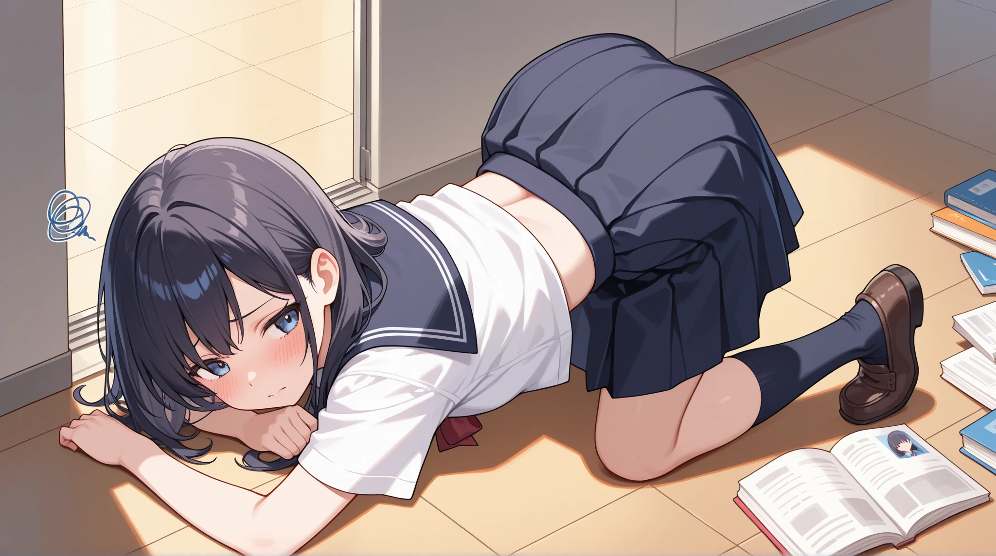 1girl, bowl cut hair, black hair, black eyes, white blouse, collared shirt, long sleeve, red suspender skirt, break, (((School classroom))), (((At dusk))), (((side view))), (((prone bone))), ((doggystyle)), (((Vaginal,Sex))),(((Cum in pussy))), break, Carrying a red backpack, (((Perfect Anatomy))),(masterpiece:1.2) , (highest quality:1.2) , (Very detailed:1.2), eyebrows visible through hair, break,Very detailed, (nose blush),perfect quality, good quality, masterpiece, HDR, UHD