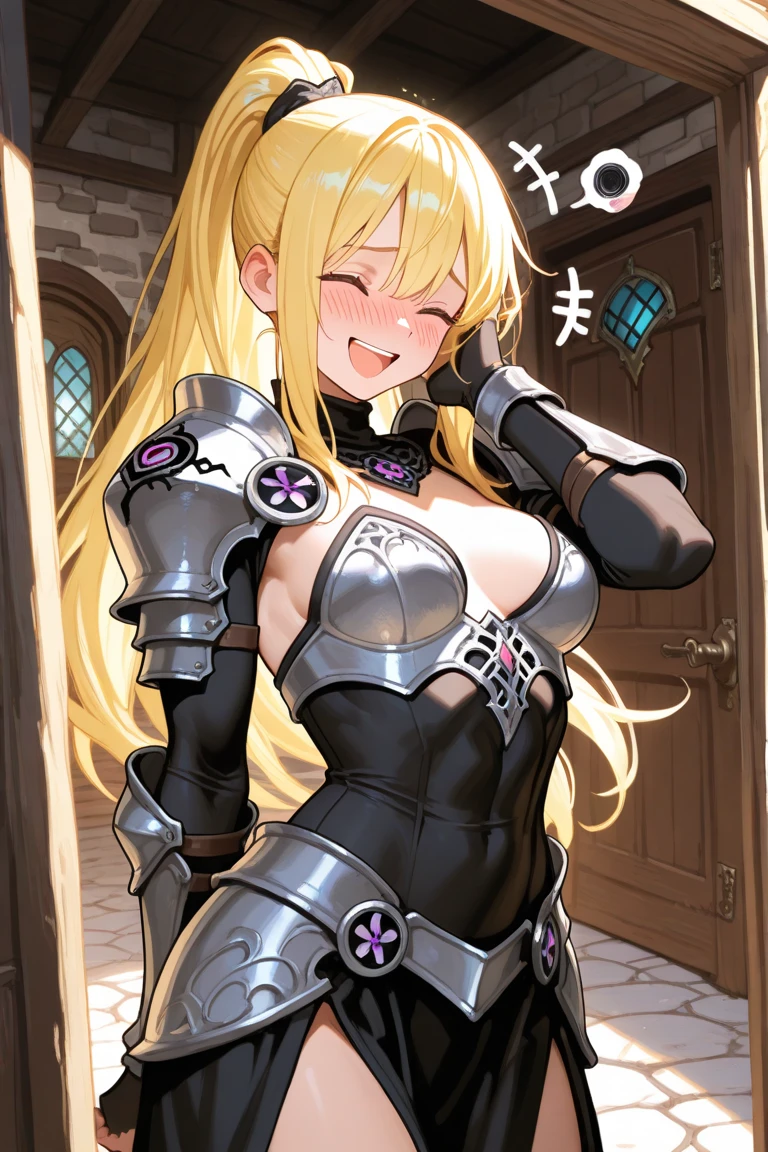 "(masterpiece:1.1), best quality,
1girl, (80s anime style:1.3), (eyelashes:1.5), (loli:1.2),
(intricate high detailed body:1.2),
(blonde hair:1.1), (forehead, parted bangs, hairclip:1.1), (ponytail:1.1), (headband:1.2),
red eyes,
(pale skin:1.3), (slim body:1.1), (large breasts:1.1),
(happy, smile:1.2), blush, open mouth,
(see-through cloth leotard armor, cleavage cutout:1.2),
(knight armor, armored boots:1.2), (fur:1.1), (earrings:1.1), collar,
standing, peace sign,
(upper body, cowboy shot, looking at viewer, from front:1.1),
(simple white background:1.2)"