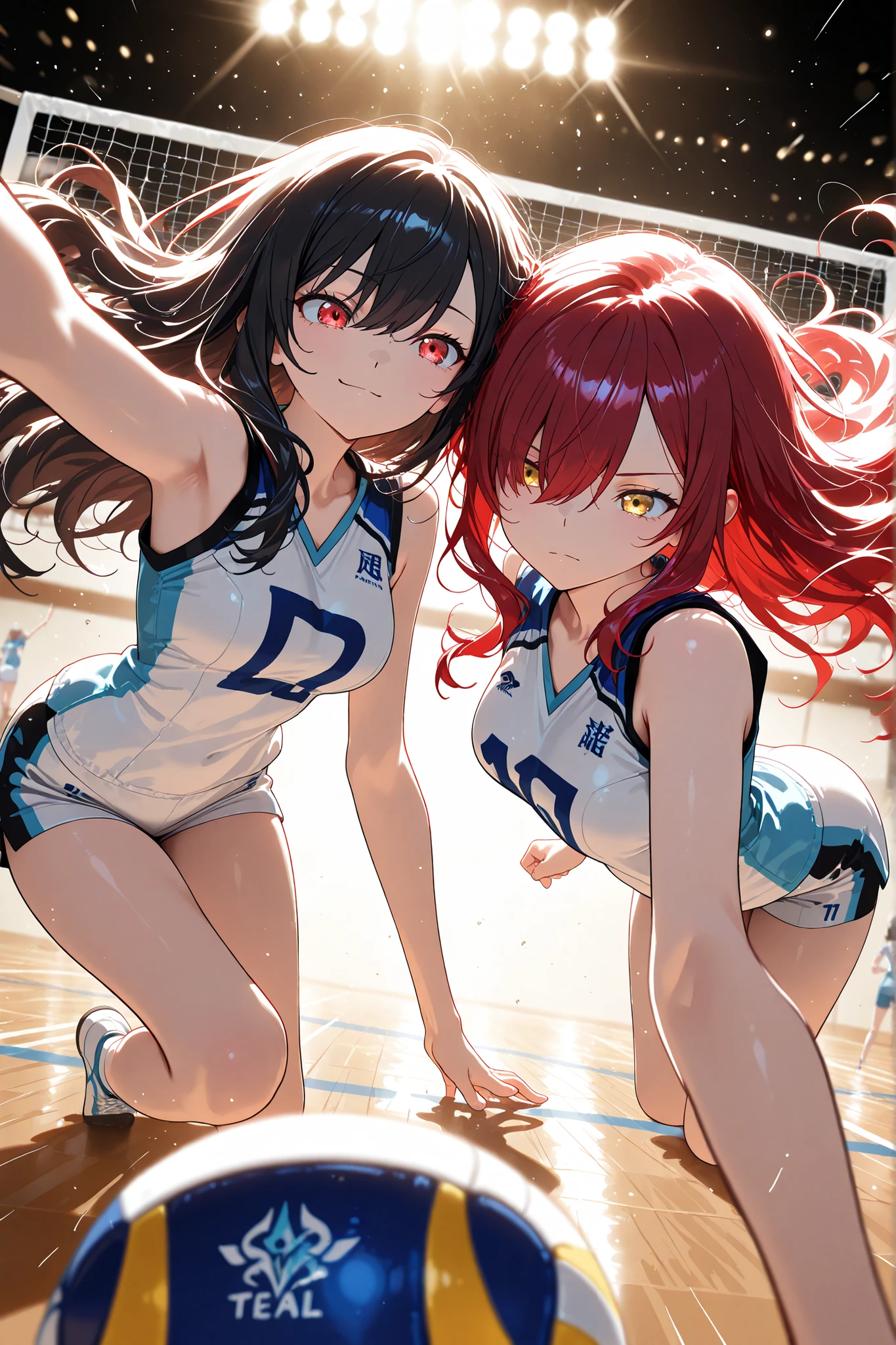 TRias Gremory and Akeno Himejima (they are the female protagonists of High School DxD), top view, perfect anatomy, best 8K quality))), (((ultradetailed))), (((high resolution) ) ), ((illustration superfine)), ((end cute)), Detailed beautiful face, several people around, 17 year old girl, (Sensual curves), cleavage, big breasts, ((defined thighs)), long hair, Smiles, blushing, Wearing sleeveless volleyball uniforms, sexy short shorts), in a scene where they are playing volleyball on a gym court, one of the characters is throwing the ball towards the other side of the court. -Hair bow, ((bracelets)), ((knee pads)), (((loose socks))), (((leggings))), ((high top sneakers)), BREAKS, movement poses, ( sweat), (Heavy breathing), feeling of depth, high school, lighting, Looking at spectators, full body INFORMATION.
